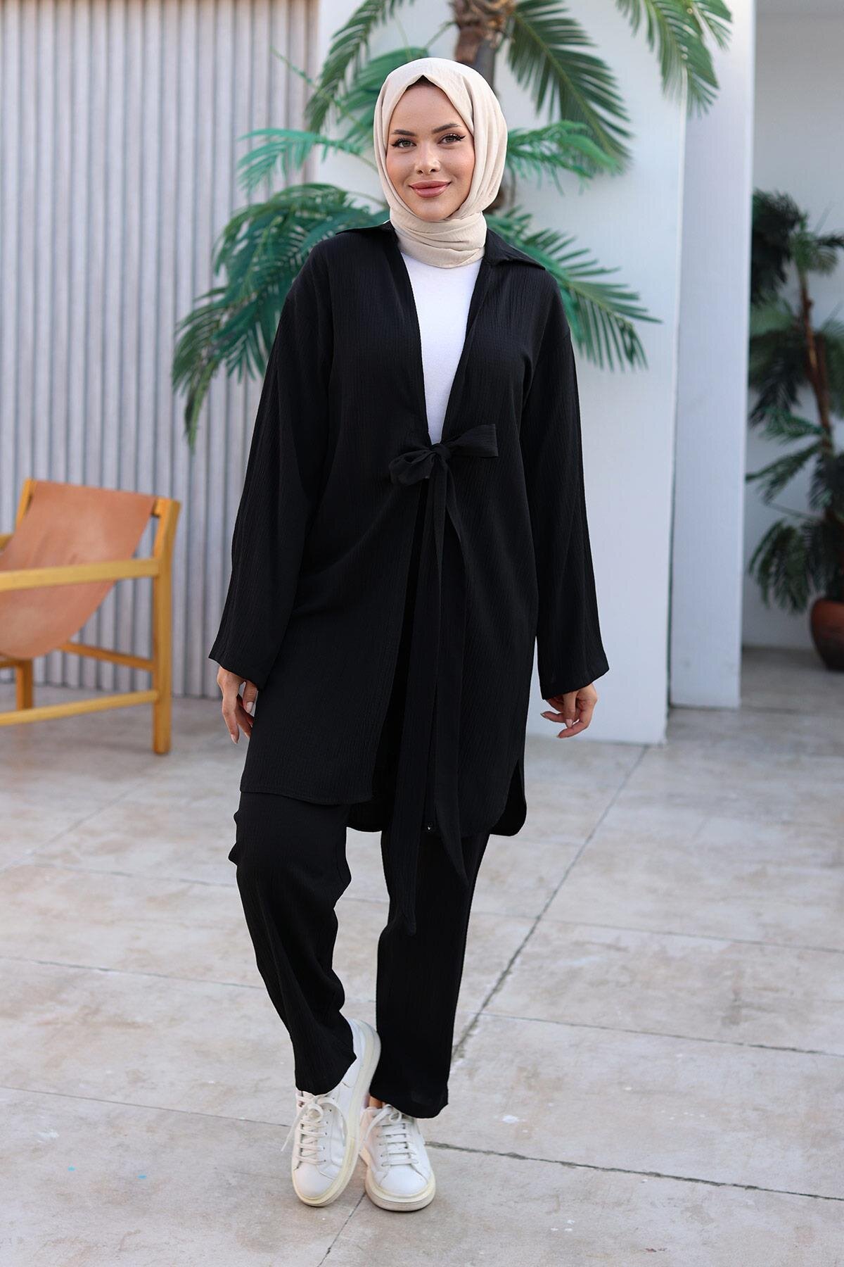 Siyah Kimono İkili Bağlama Detaylı Tesettür Takım - Misskayle