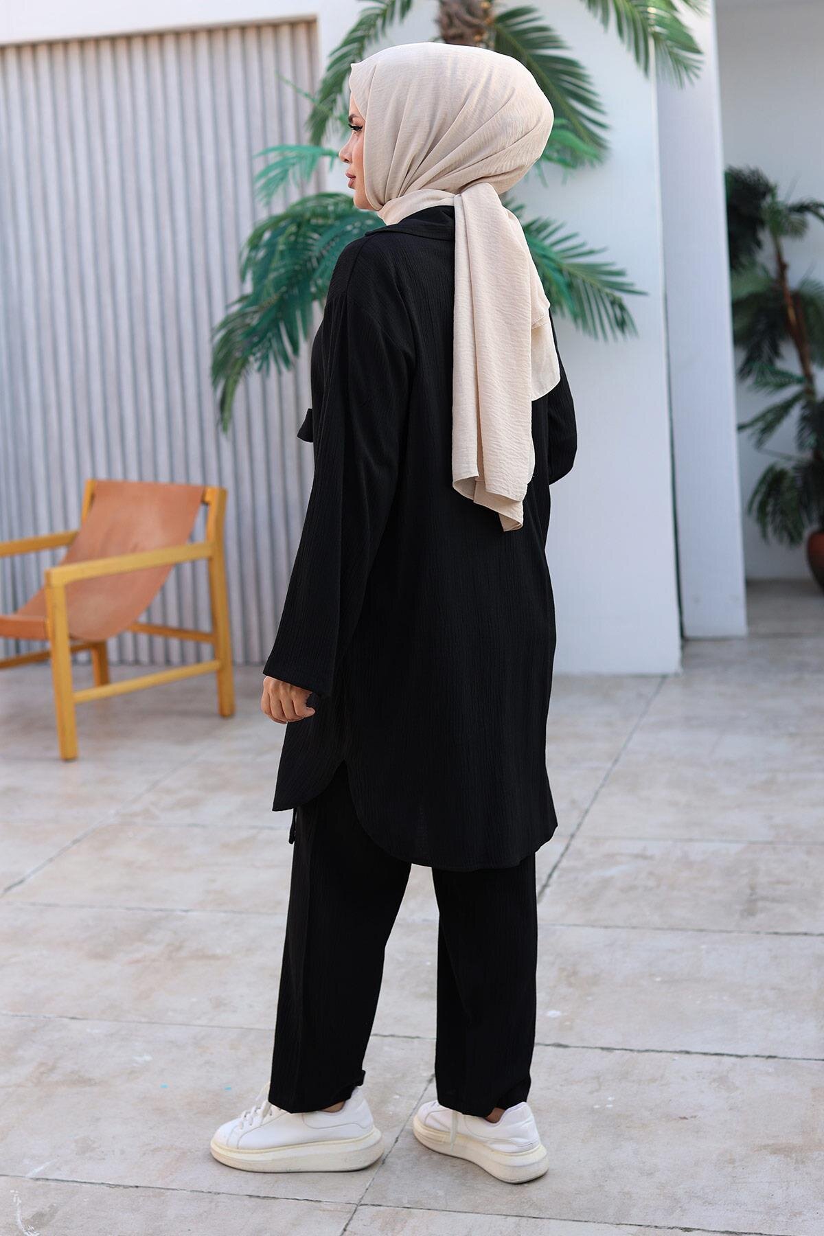 Siyah Kimono İkili Bağlama Detaylı Tesettür Takım - Misskayle