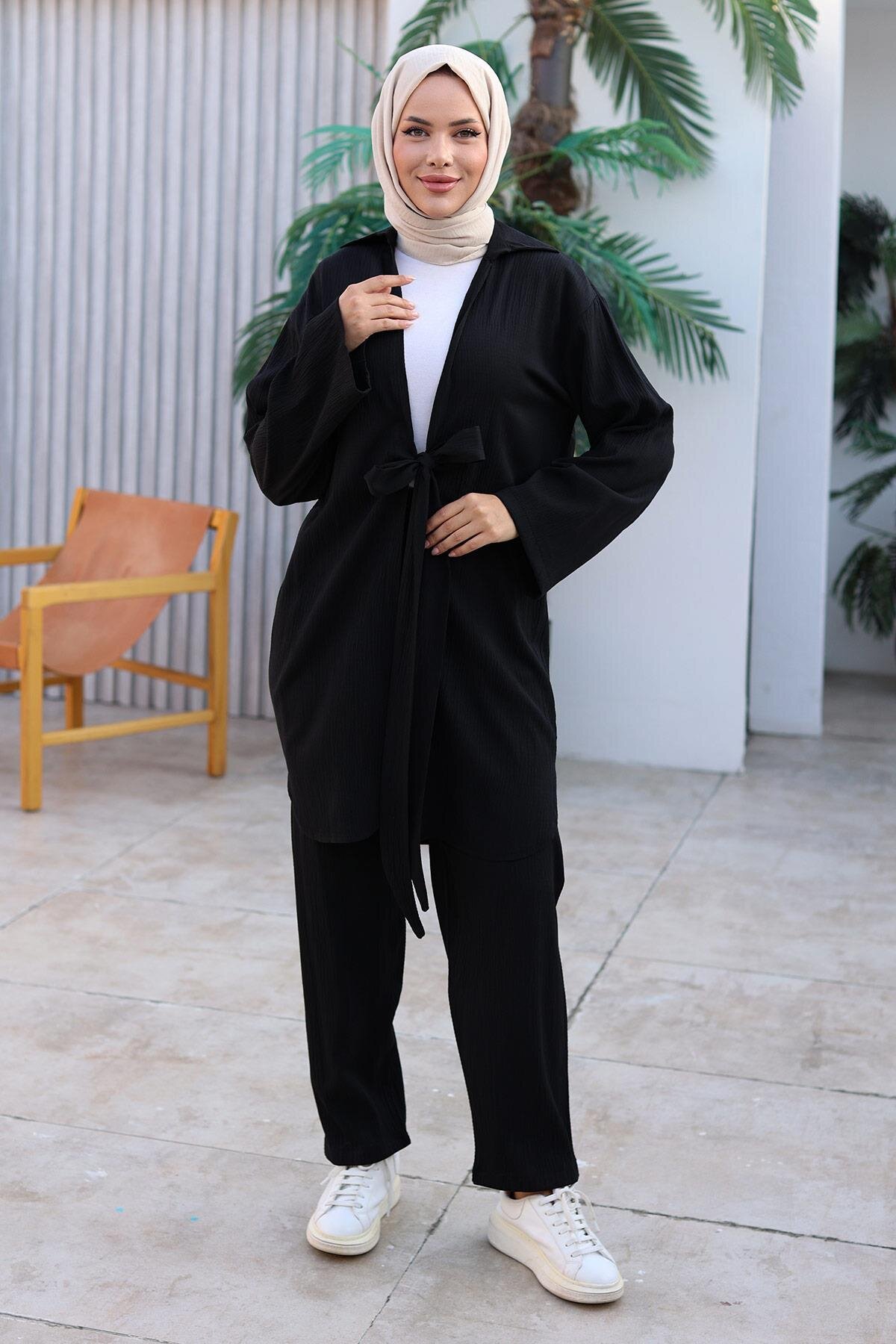 Siyah Kimono İkili Bağlama Detaylı Tesettür Takım - Misskayle