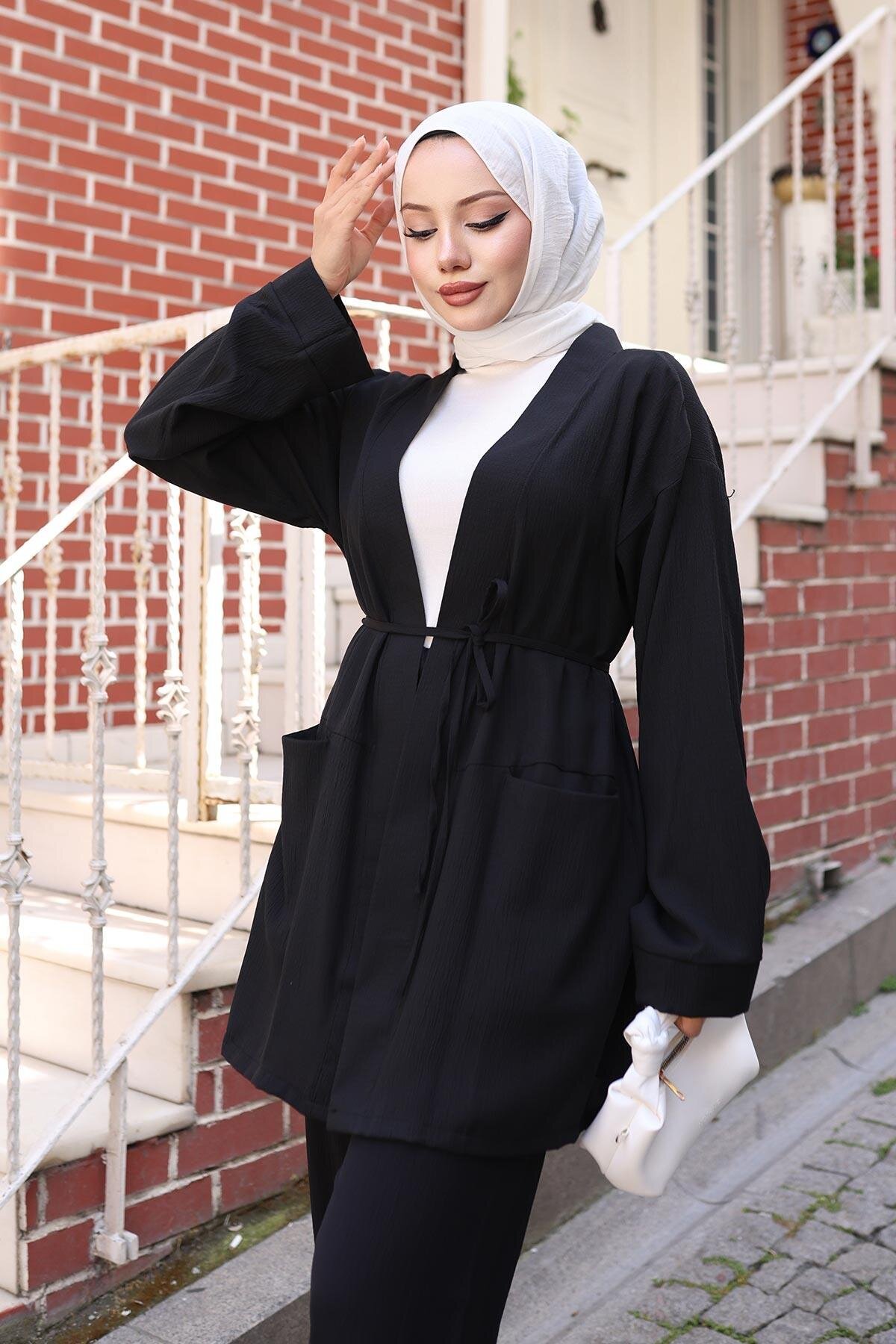 Kimono Double Pocket Detail Modest Set - Black - Misskayle