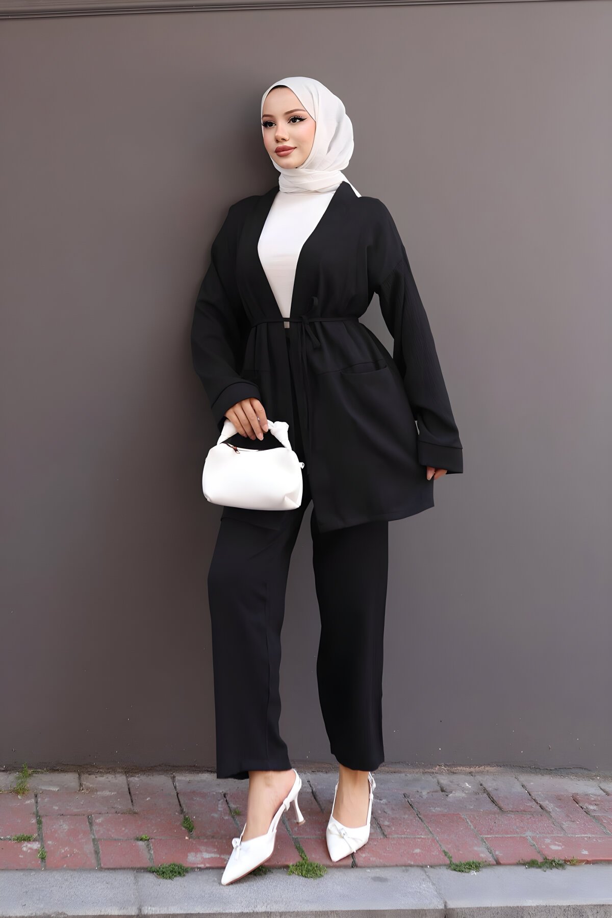 Siyah Kimono İkili Cep Detaylı Tesettür Takım - Misskayle