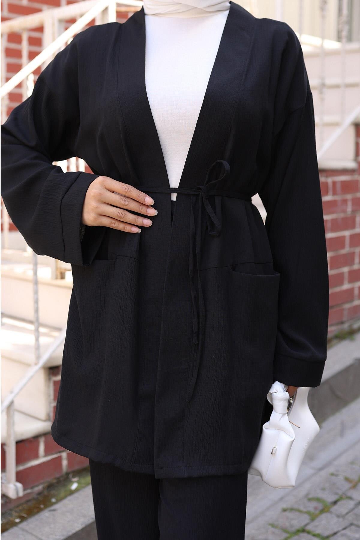 Kimono Double Pocket Detail Modest Set - Black - Misskayle
