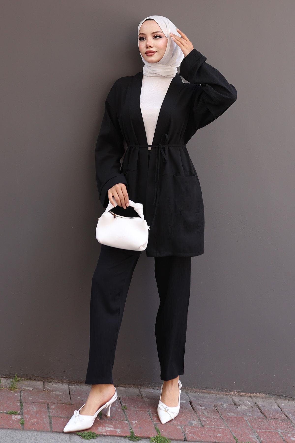Kimono Double Pocket Detail Modest Set - Black - Misskayle