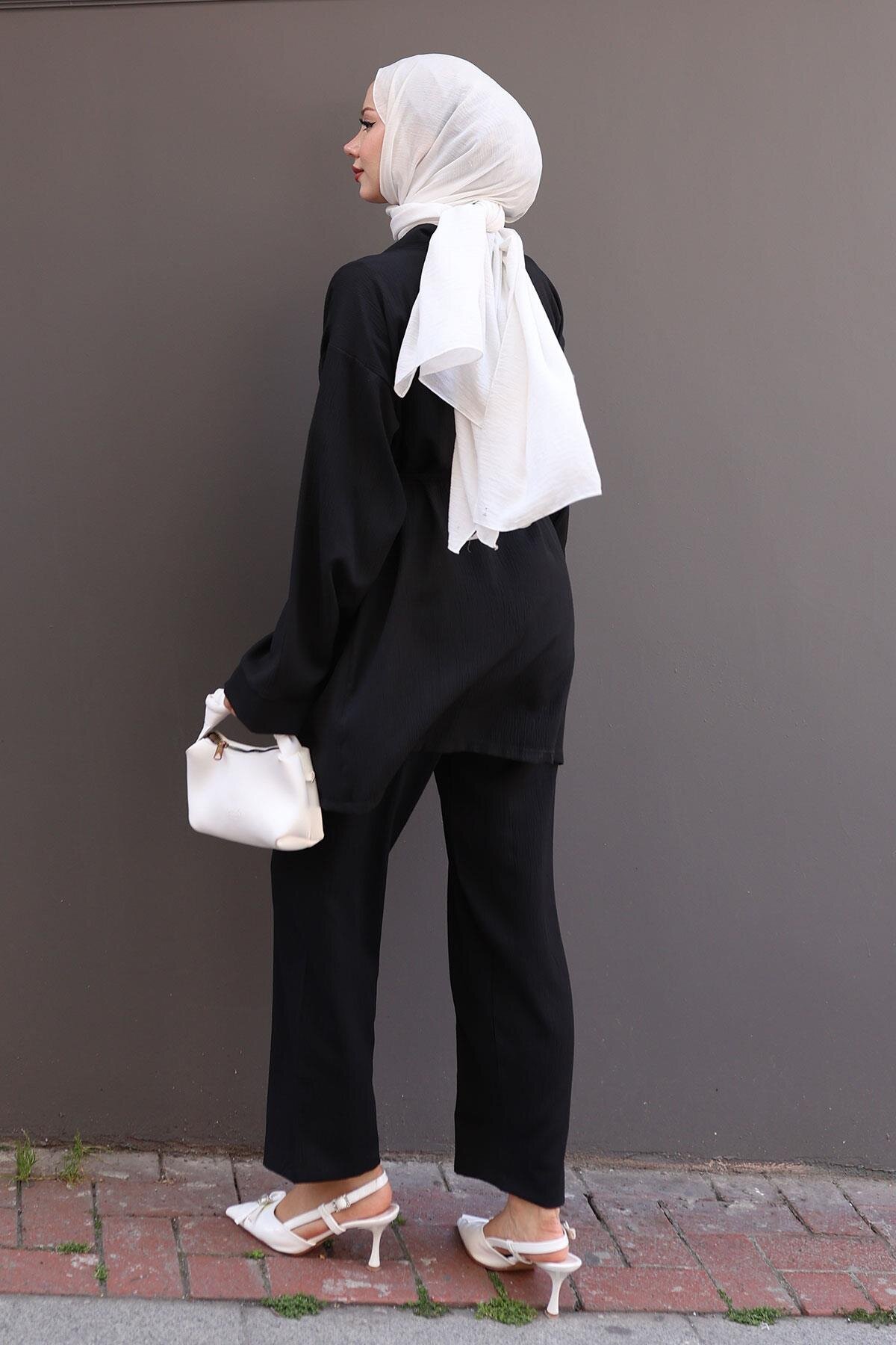Kimono Double Pocket Detail Modest Set - Black - Misskayle