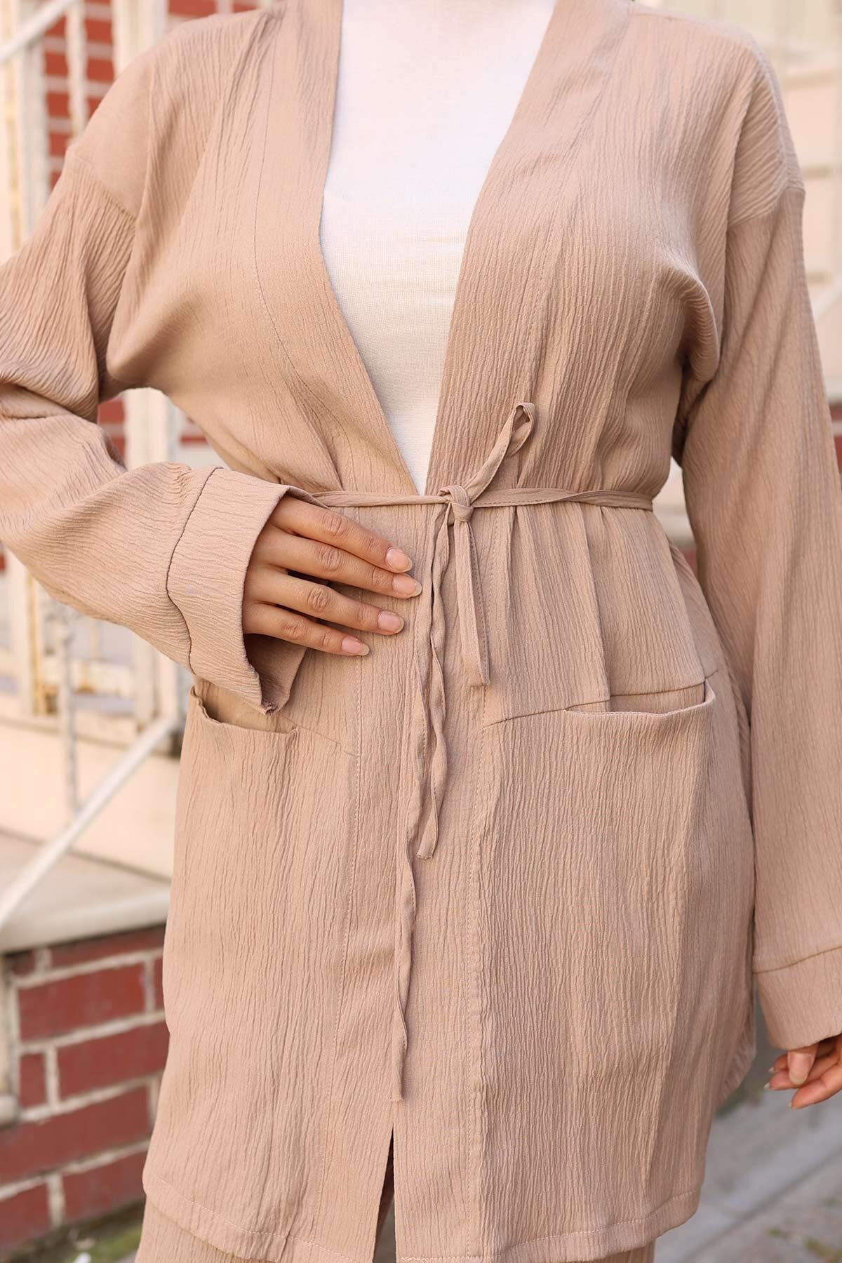 Two-Piece Kimono Set with Pocket Detail - Mink - Misskayle