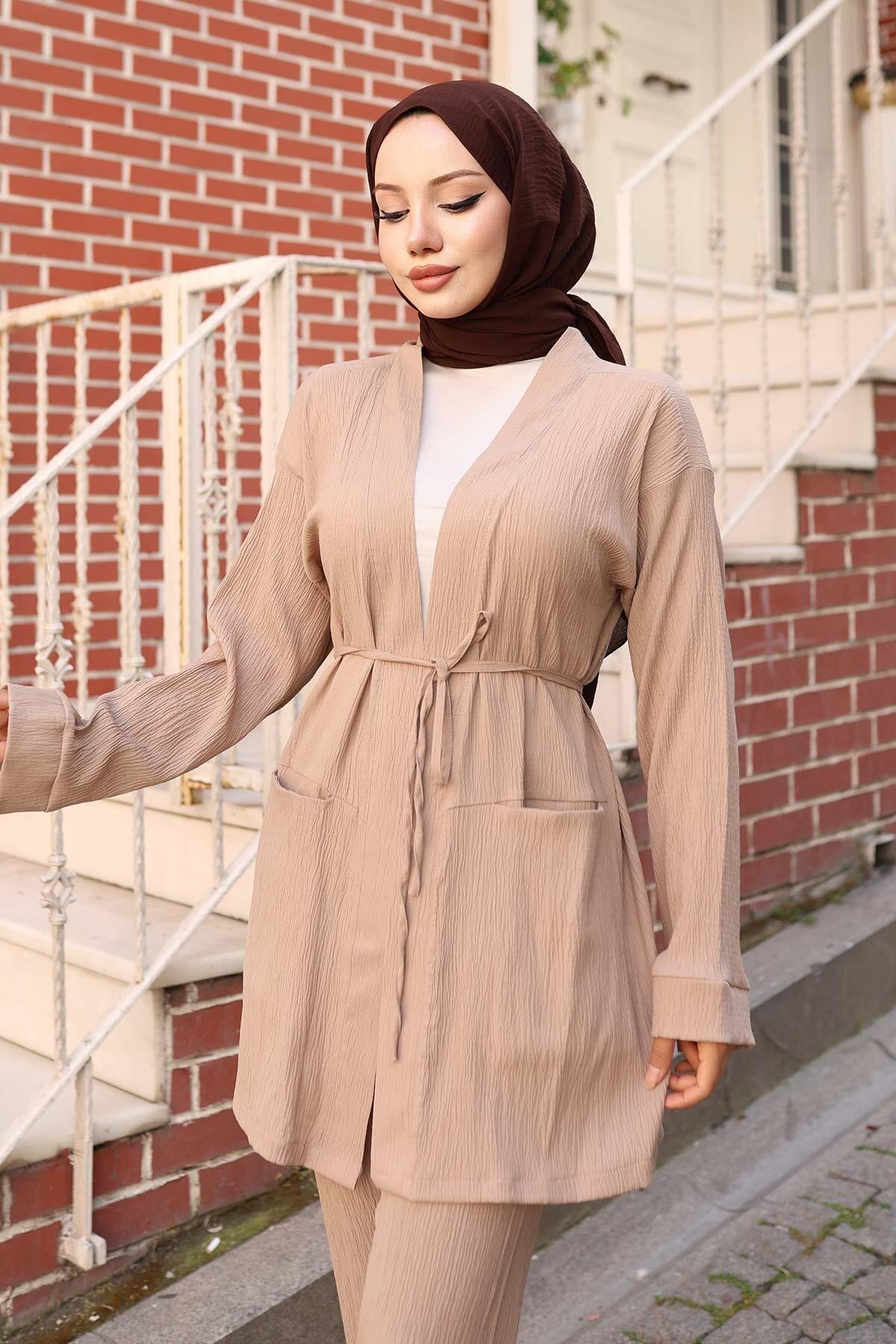 Two-Piece Kimono Set with Pocket Detail - Mink - Misskayle