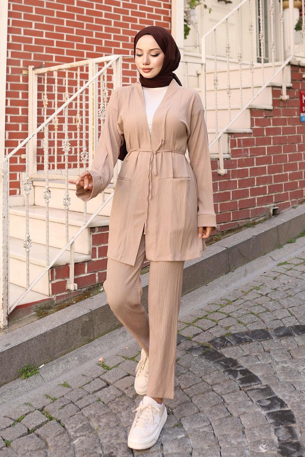Two-Piece Kimono Set with Pocket Detail - Mink - Misskayle
