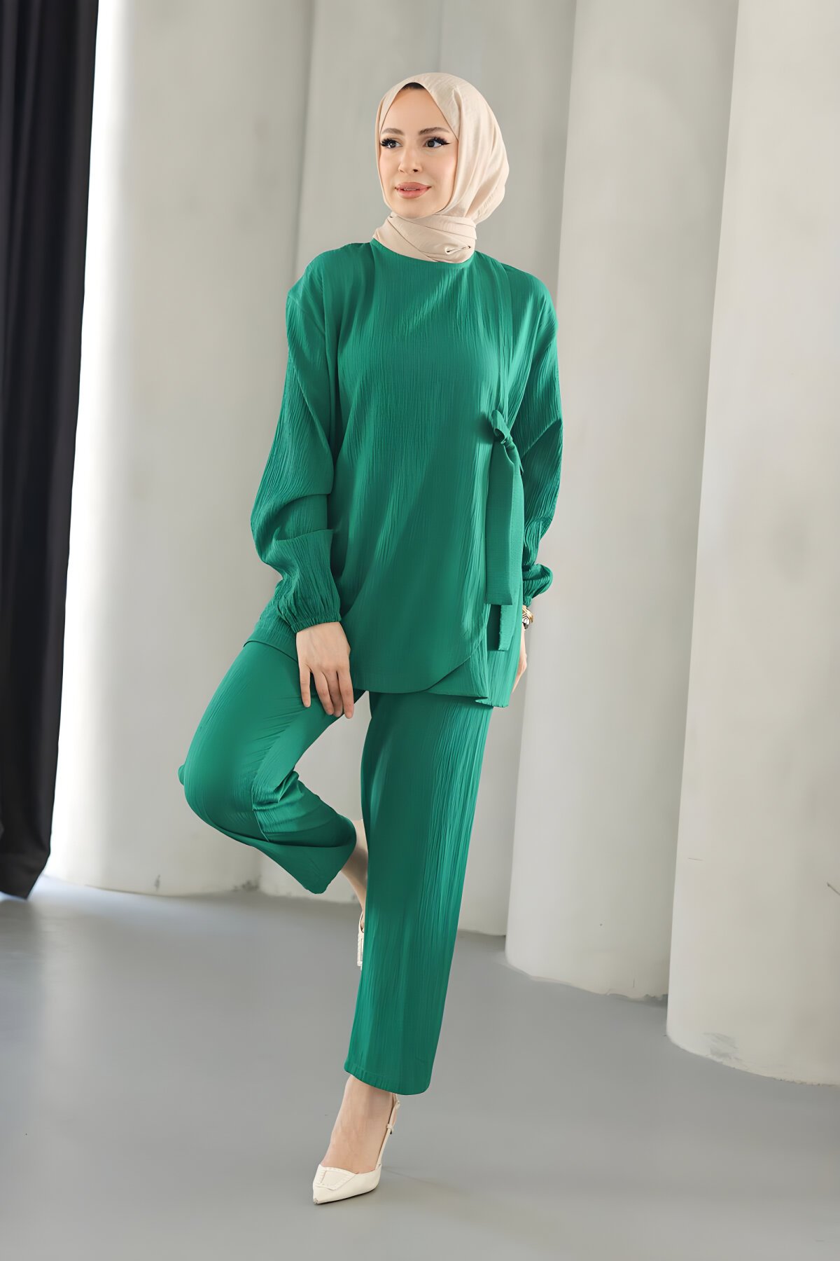 Yeşil İkili Bağlama Detaylı Tesettür Takım - Misskayle