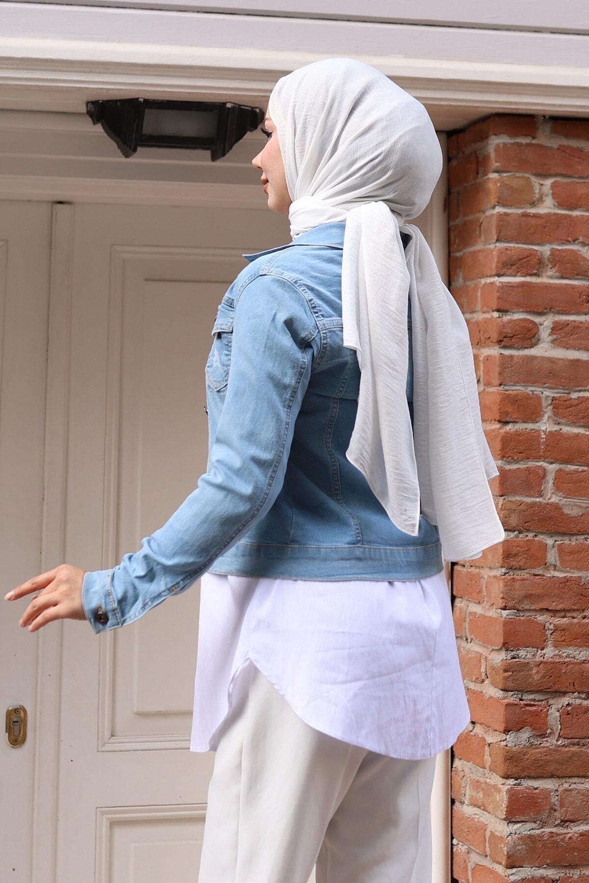 Açık Mavi Düğmeli Kot Ceket - Modamihram