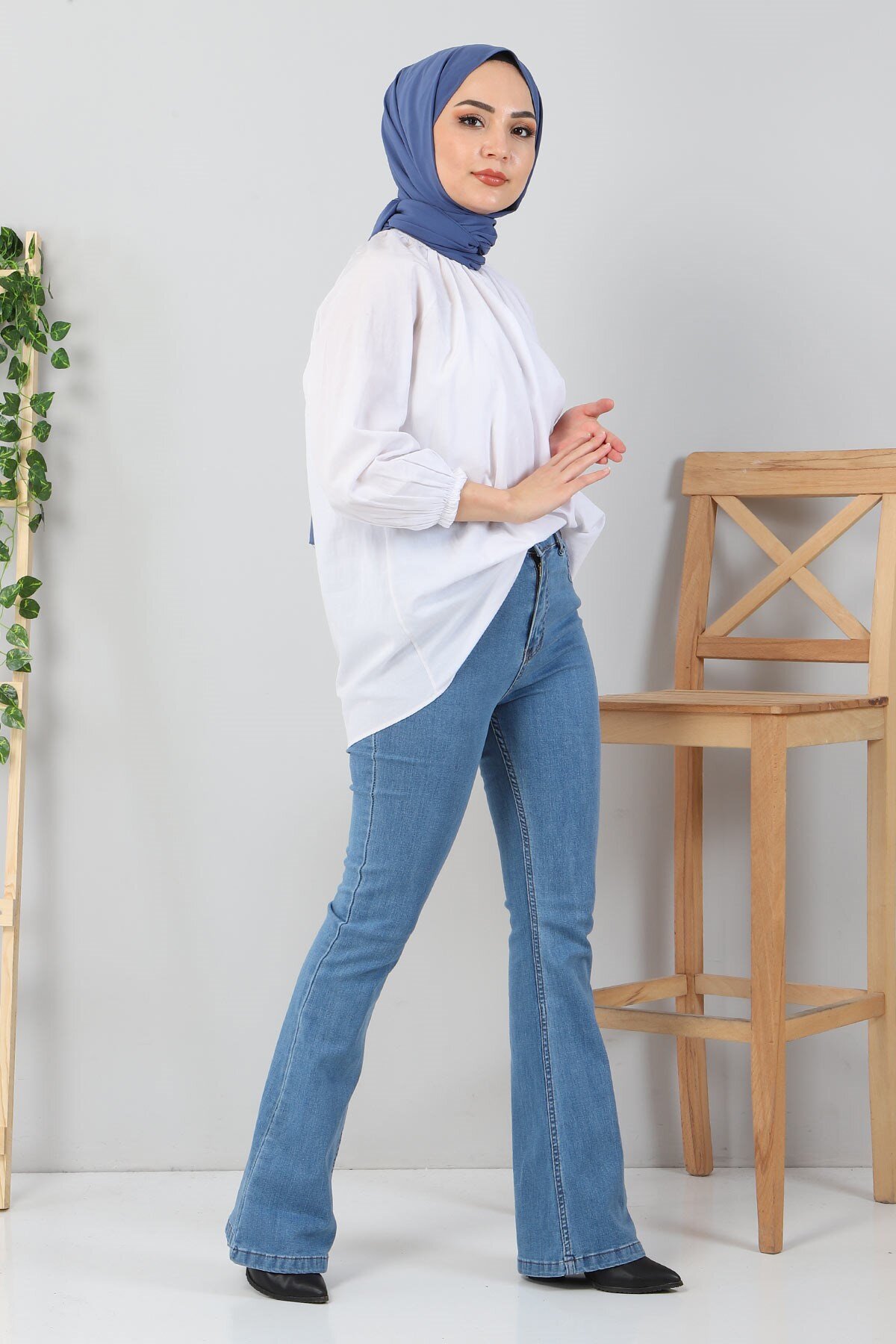Flare Leg Denim Modest Pants - Light Blue - Modamihram
