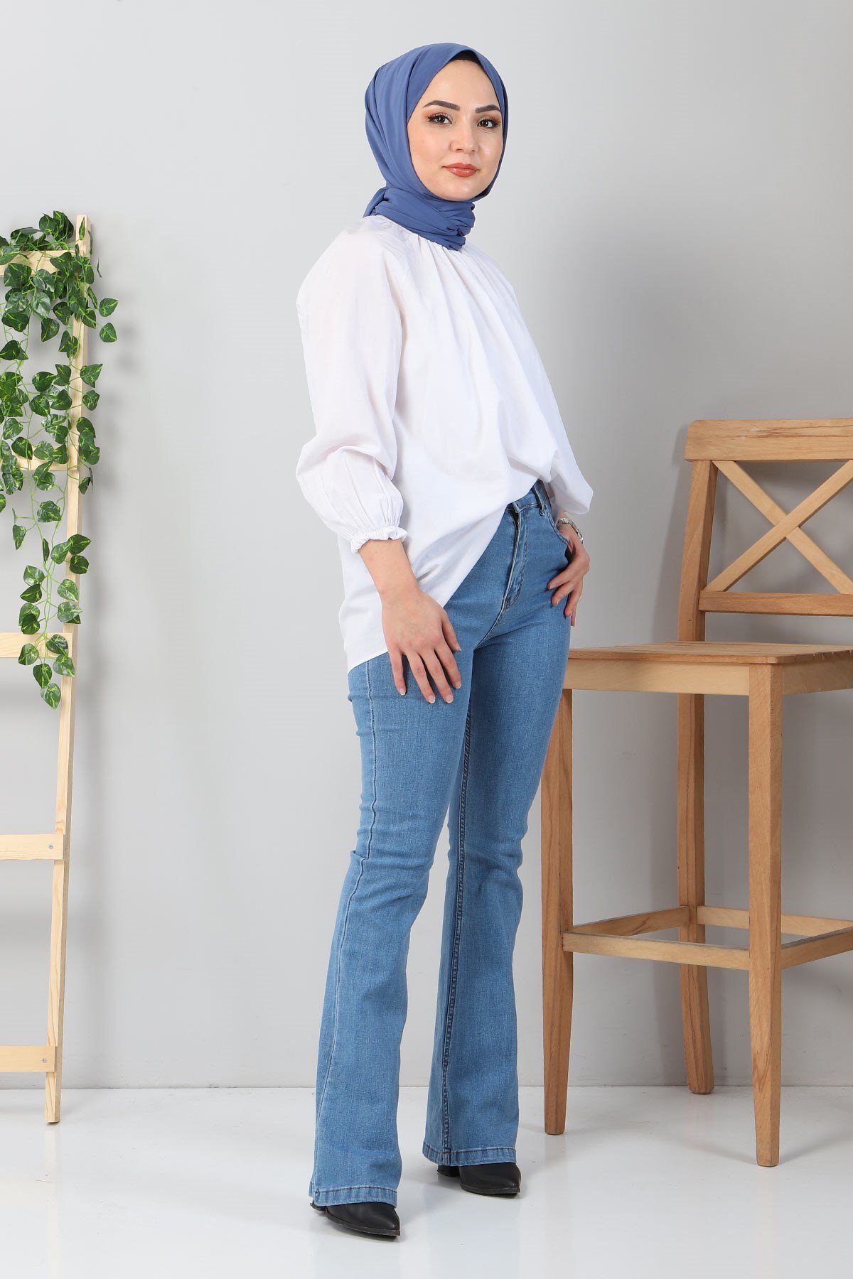 Flare Leg Denim Modest Pants - Light Blue - Modamihram