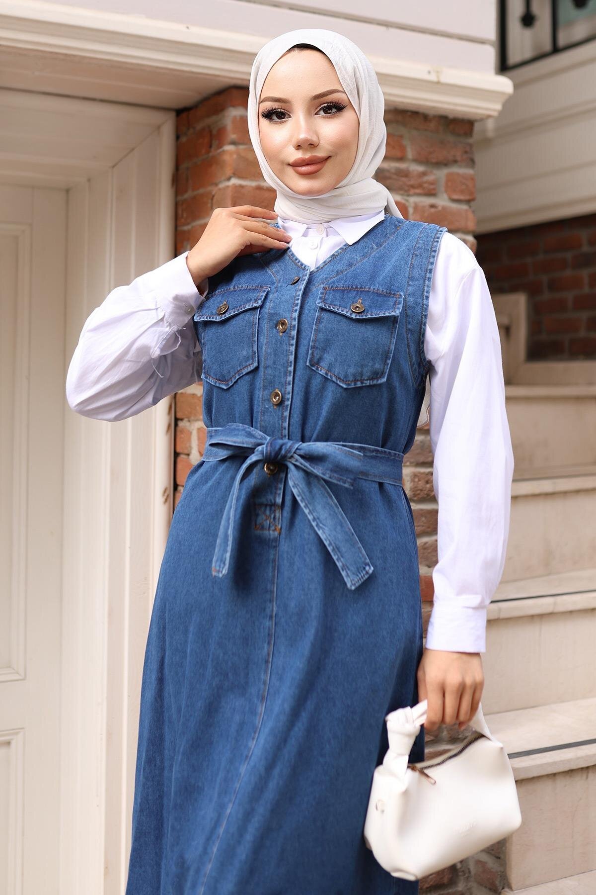 Pinafore Denim Modest Dress with Belt Detail - Light Blue - Modamihram