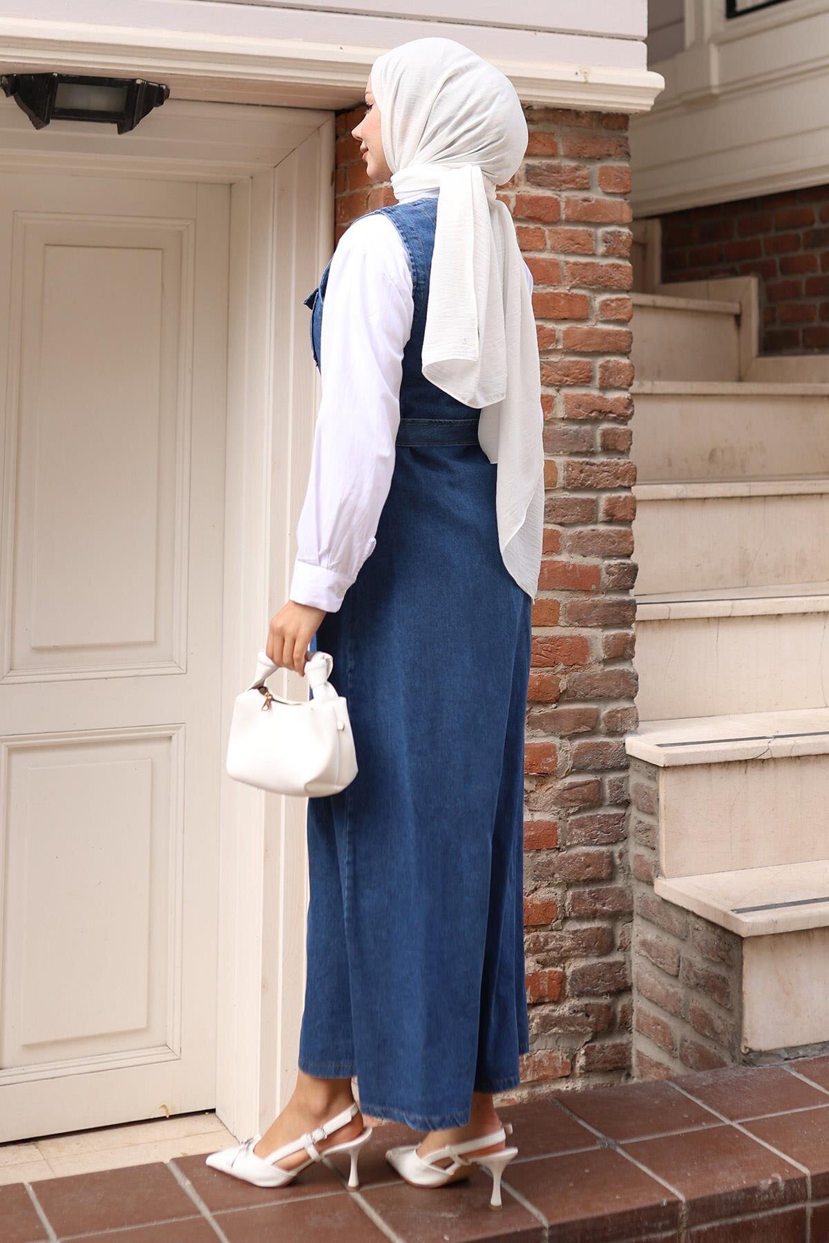 Pinafore Denim Modest Dress with Belt Detail - Light Blue - Modamihram