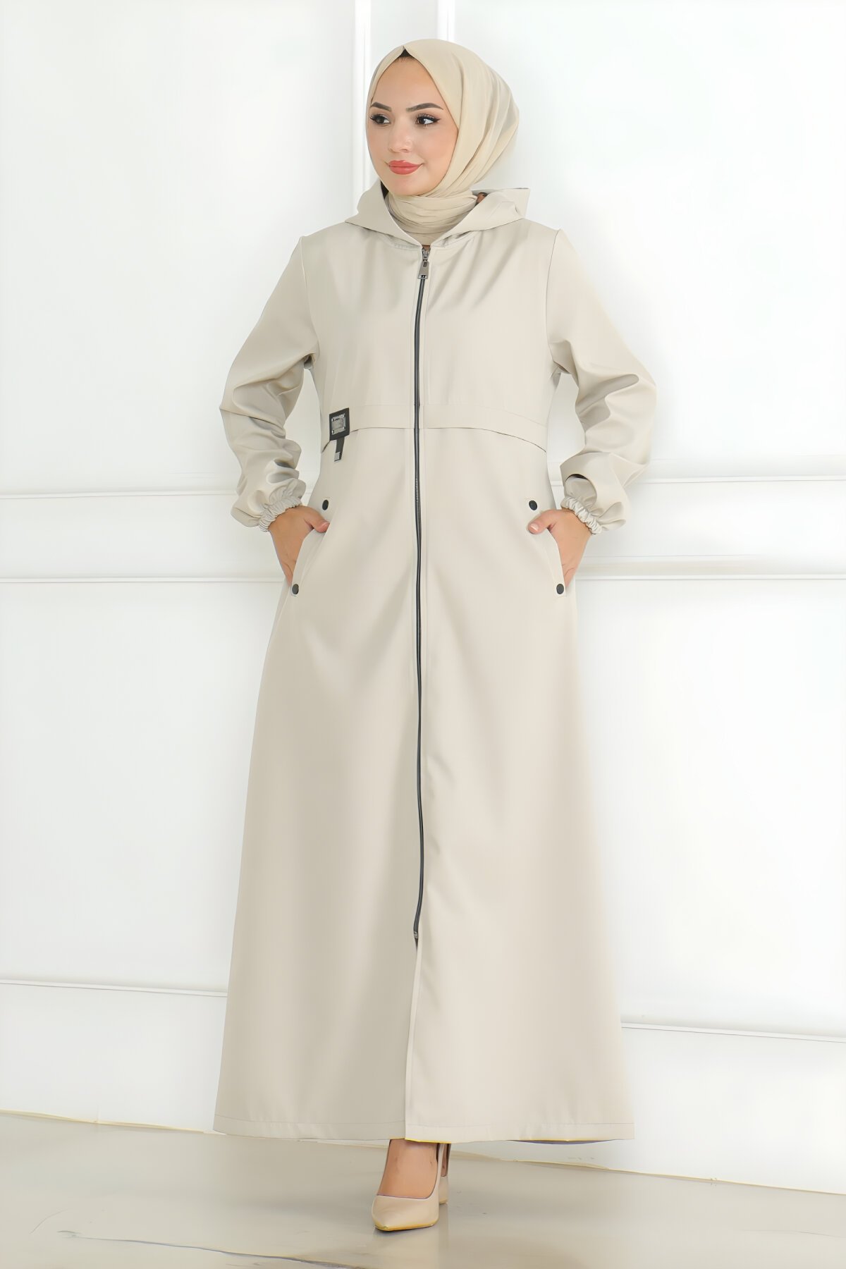 Bej Armalı Fermuarlı Trençkot - Modamihram