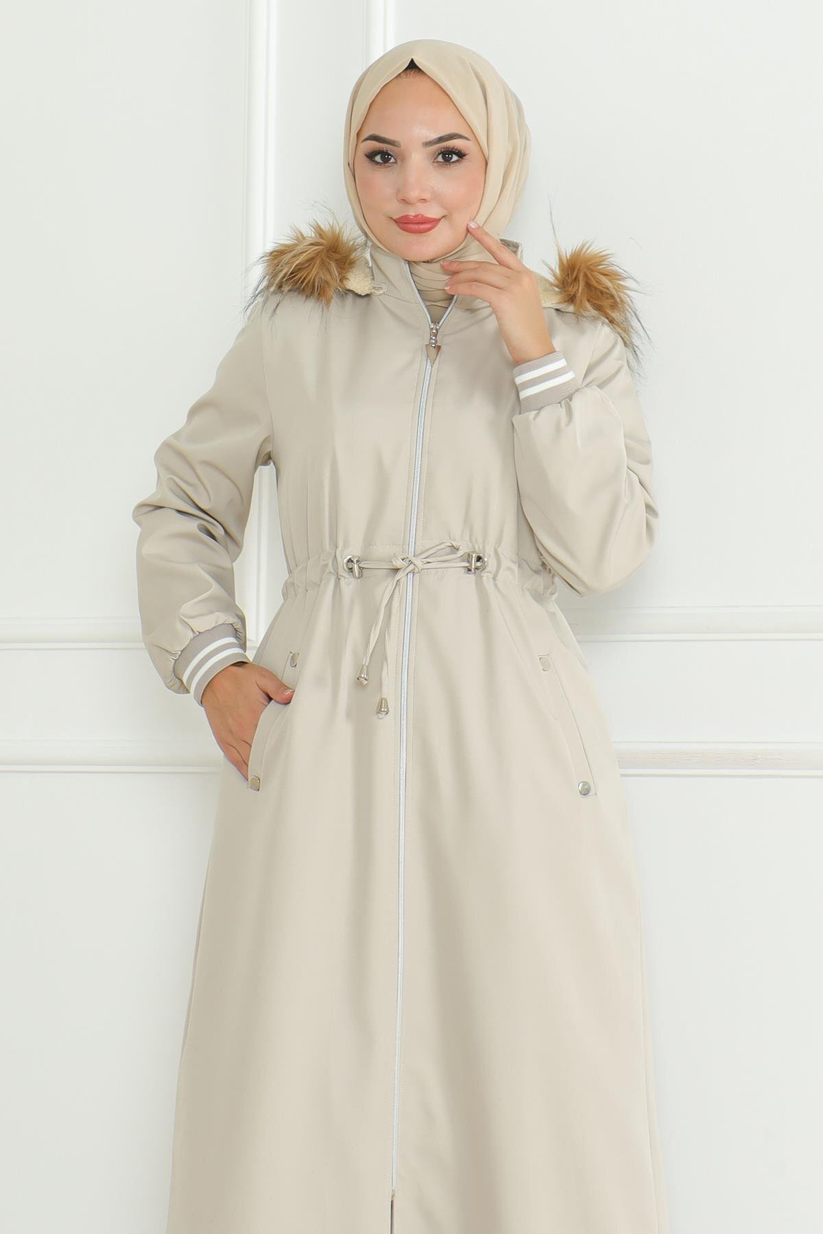 Ribbed Drawstring-Waist Modest Coat - Beige - Modamihram