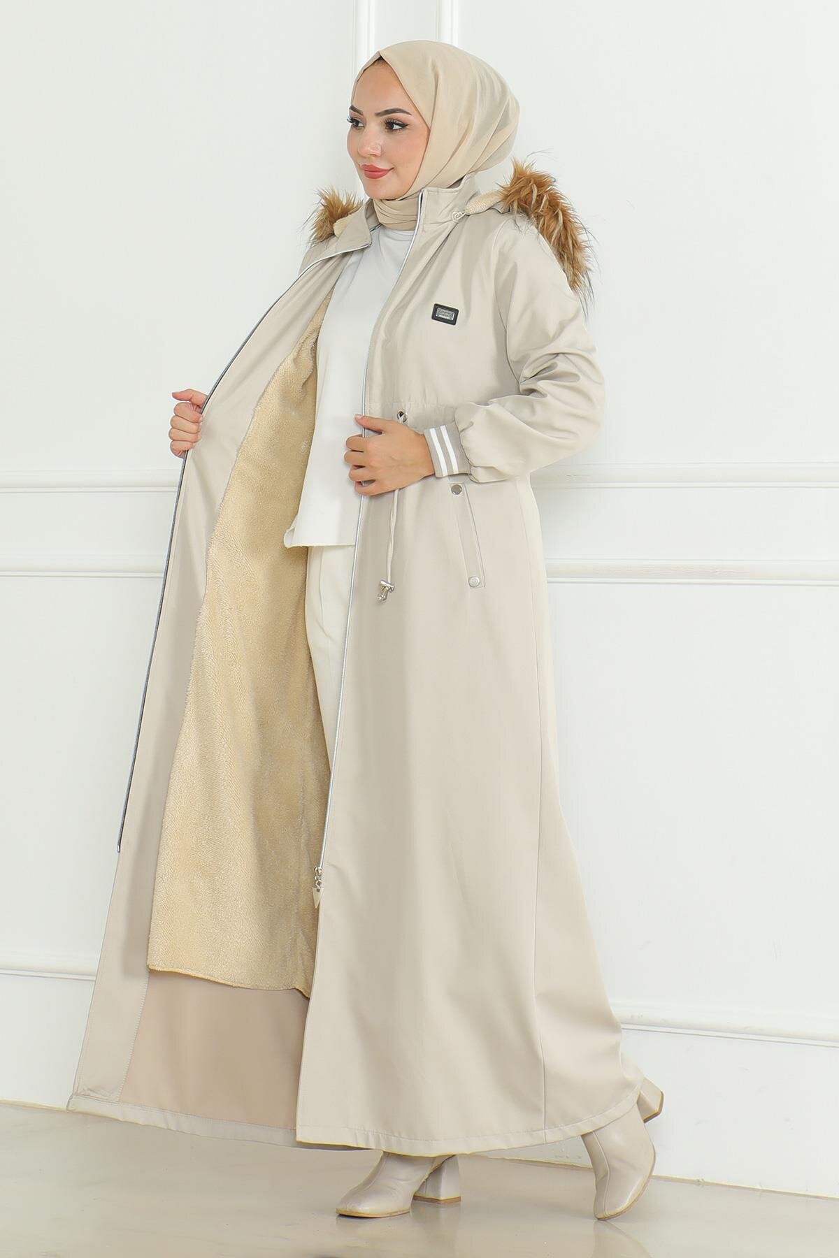 Ribbed Drawstring-Waist Modest Coat - Beige - Modamihram