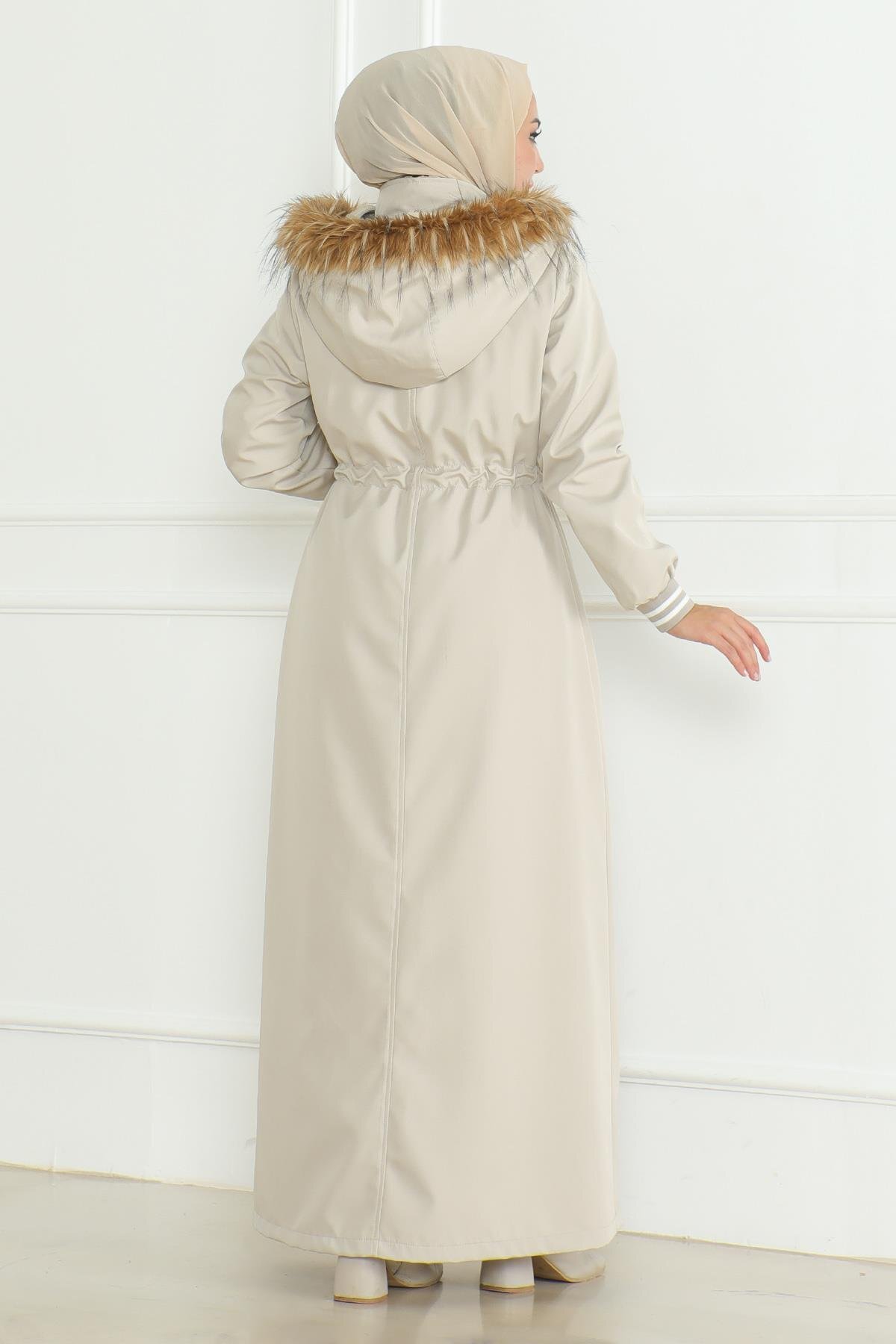 Ribbed Drawstring-Waist Modest Coat - Beige - Modamihram