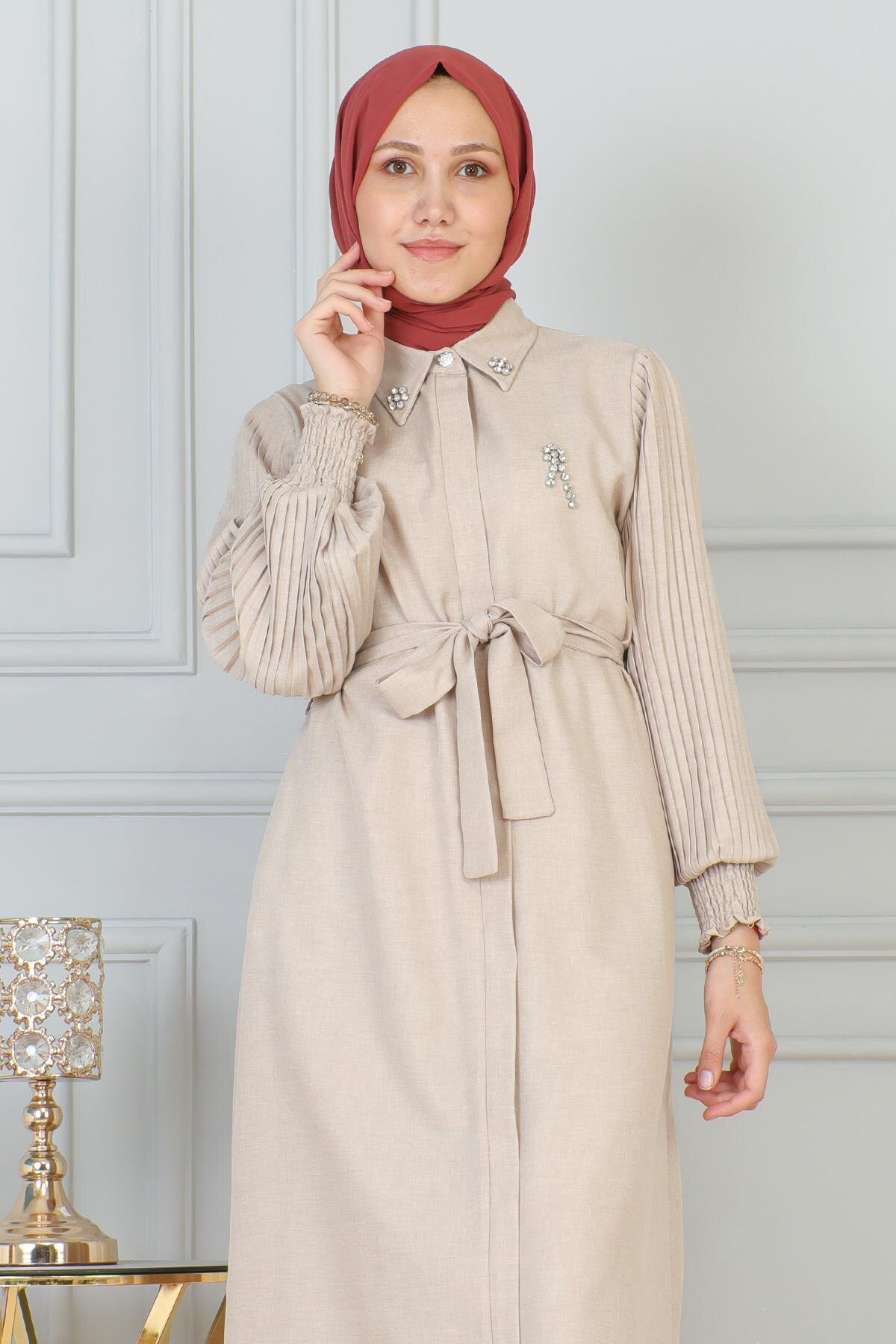 Zippered Stone Detail Abaya - Beige - Modamihram