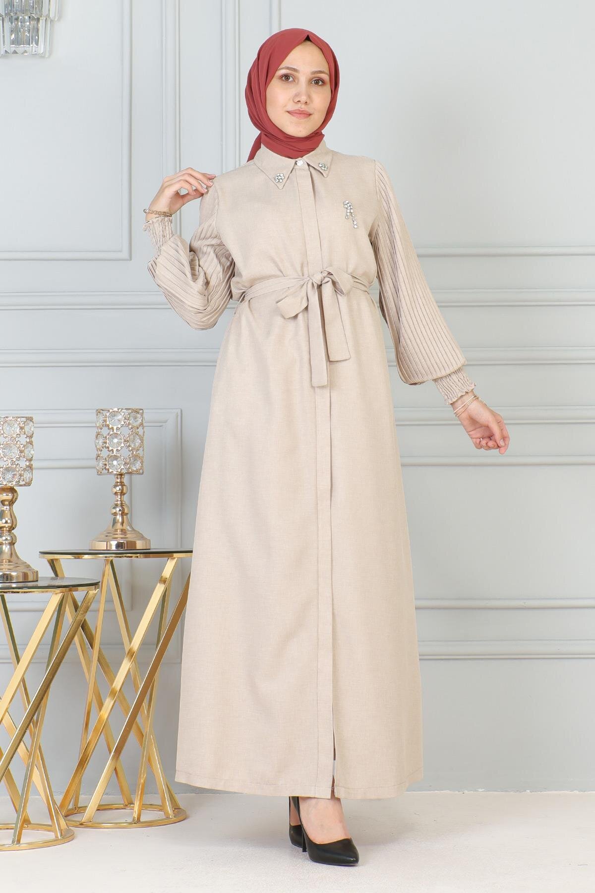 Zippered Stone Detail Abaya - Beige - Modamihram