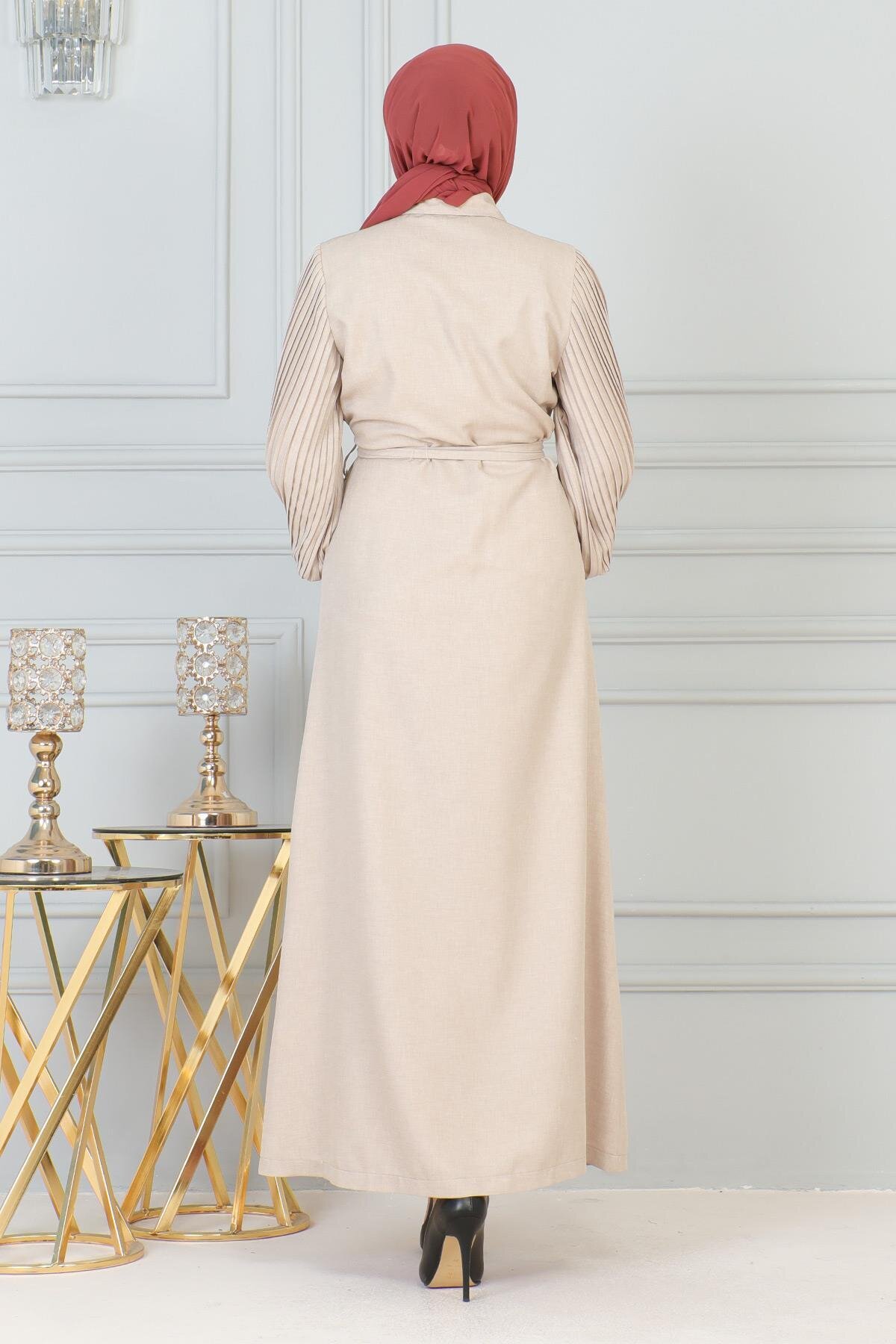 Zippered Stone Detail Abaya - Beige - Modamihram