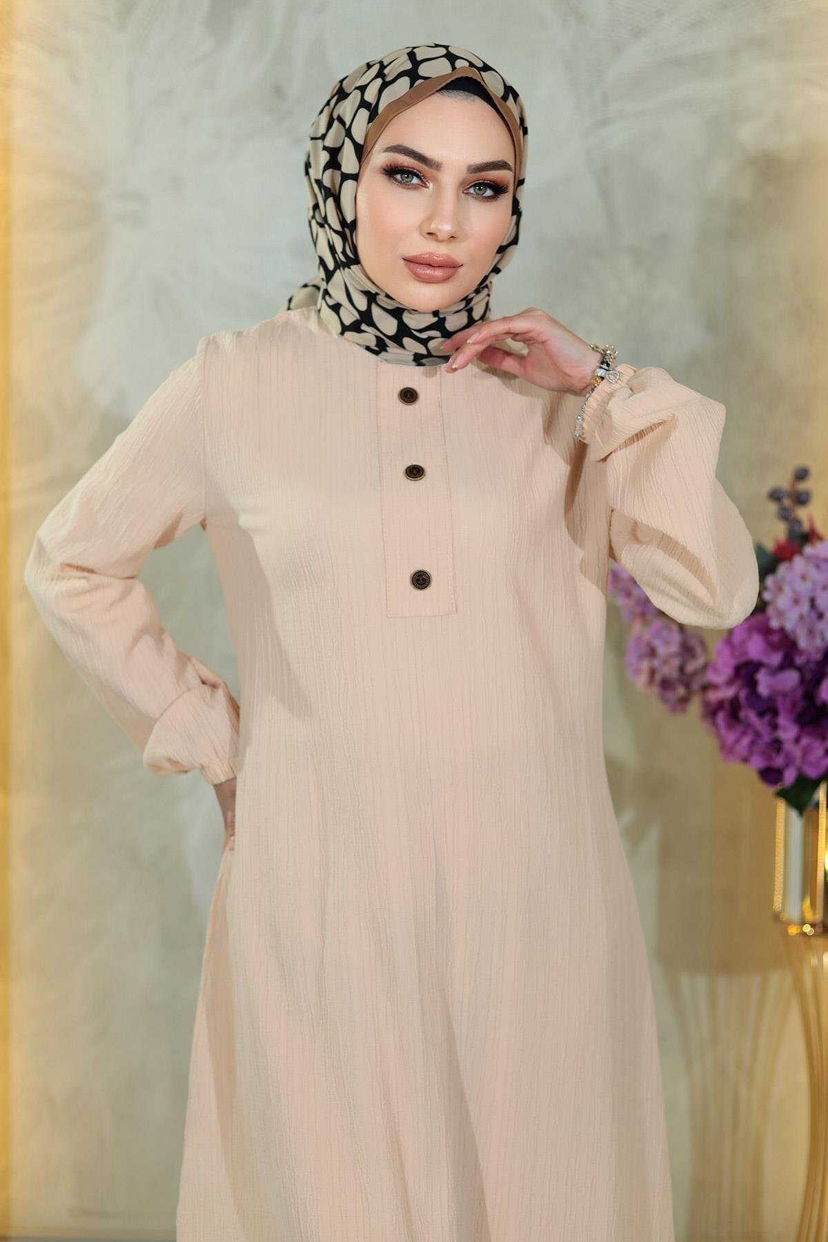 Two-Piece Buttoned Set - Beige - Modamihram