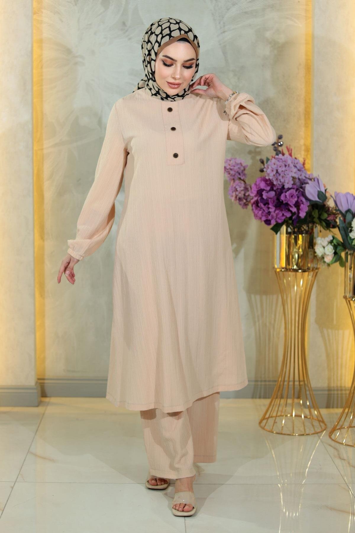 Two-Piece Buttoned Set - Beige - Modamihram