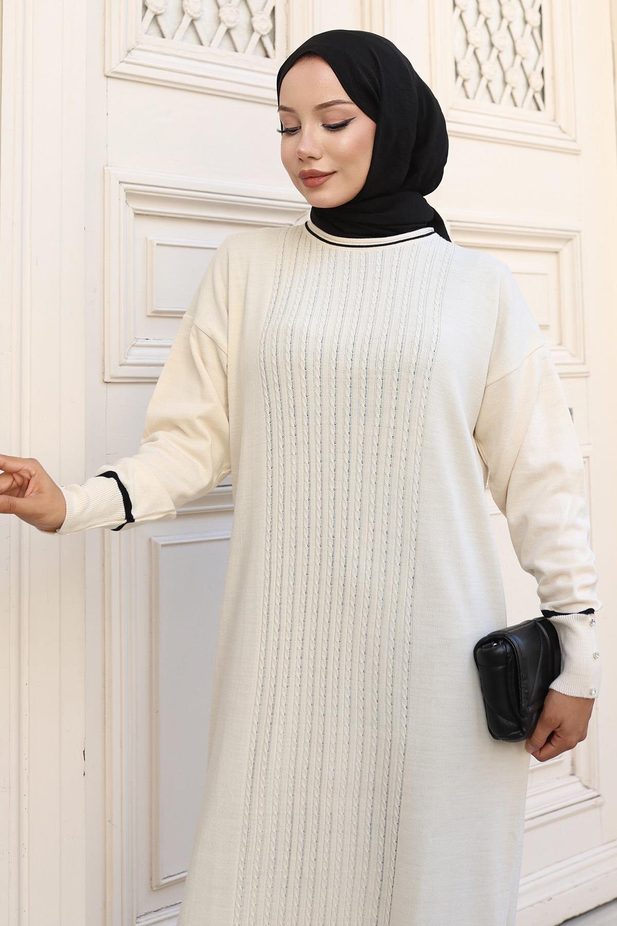 Knit Stone-Detailed Cuff Modest Dress - White - Modamihram