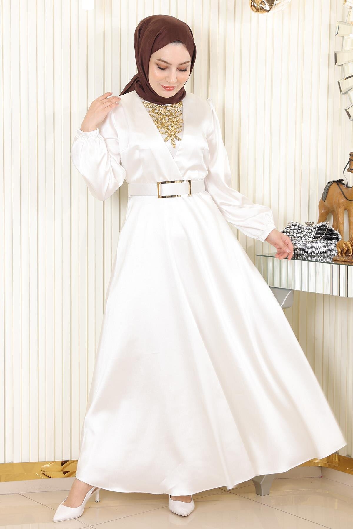 Modest Satin Stone Detail Evening Dress - White - Modamihram