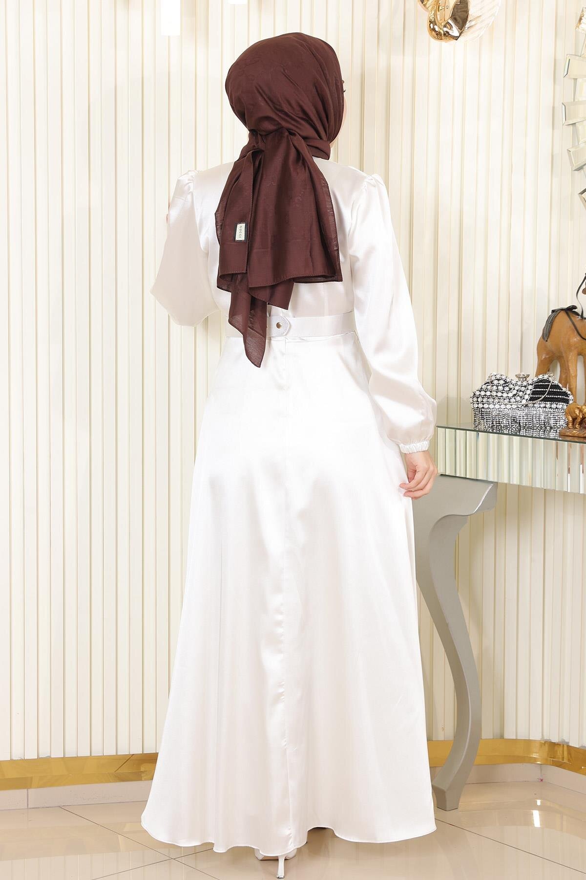 Modest Satin Stone Detail Evening Dress - White - Modamihram