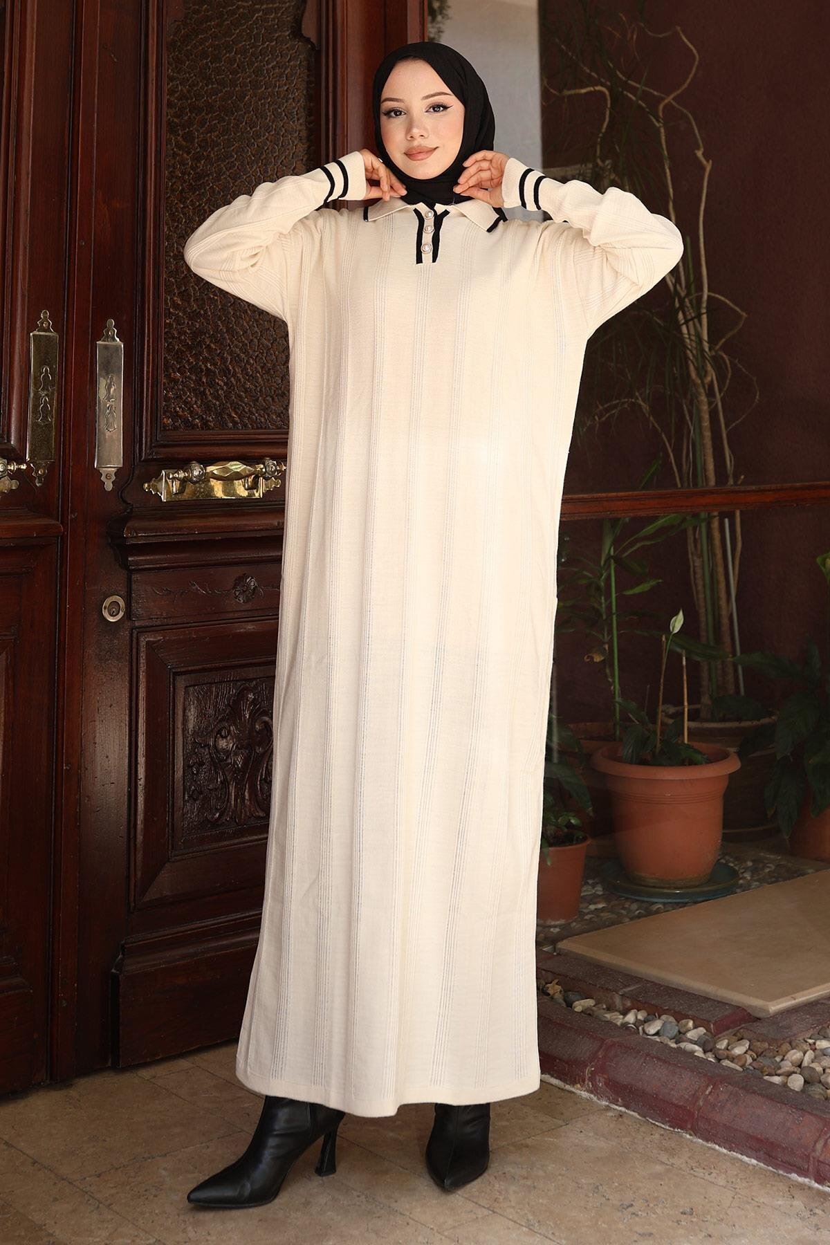Knit Button-Detail Modest Dress - White - Modamihram