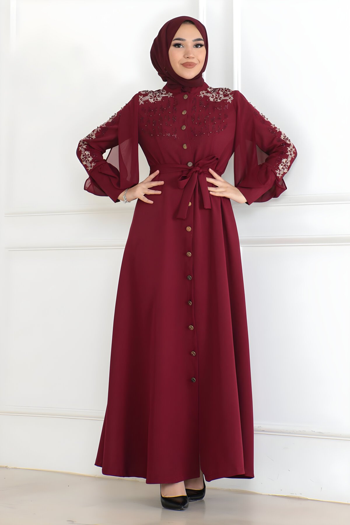 Bordo Abiye Düğme Detaylı Tesettür Elbise - Modamihram