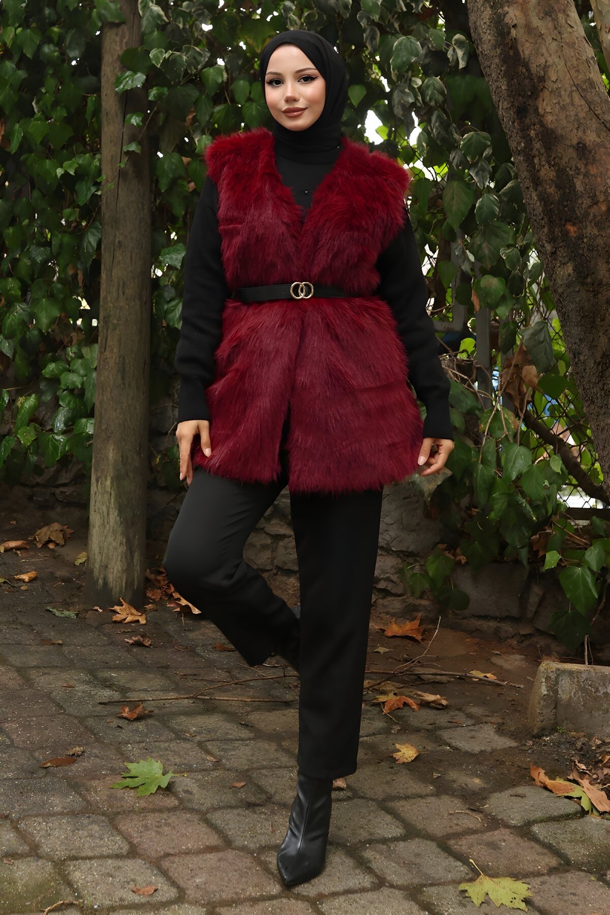 Bordo Kemerli Kürklü Tesettür Yelek - Modamihram