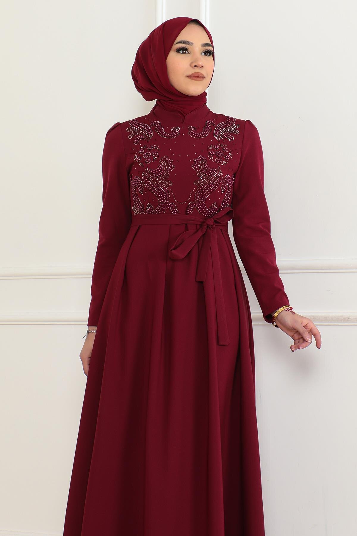 Stone-Detailed Modest Dress - Burgundy - Modamihram