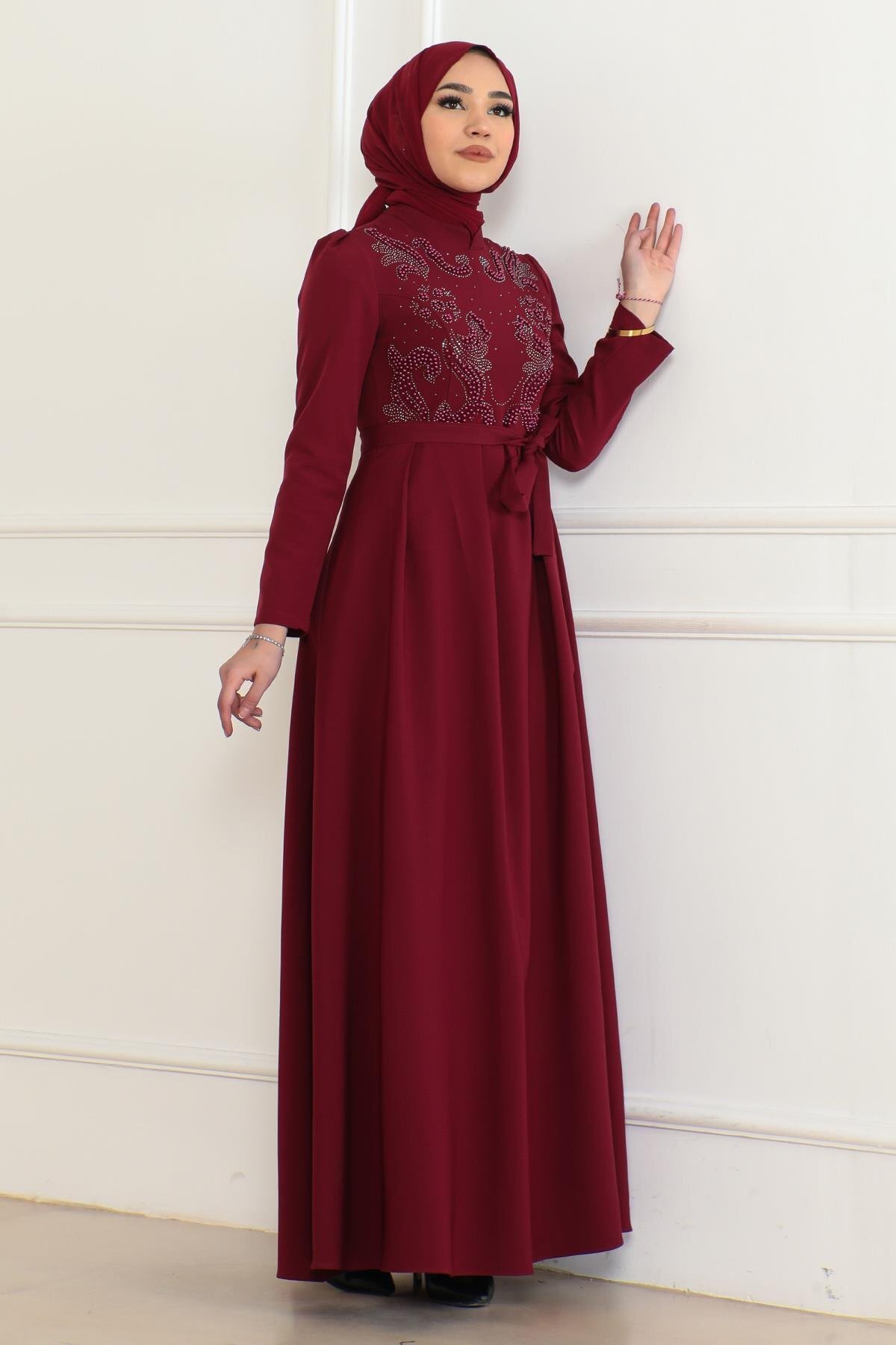 Stone-Detailed Modest Dress - Burgundy - Modamihram