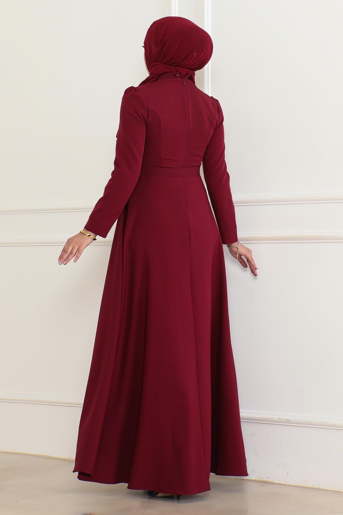 Stone-Detailed Modest Dress - Burgundy - Modamihram