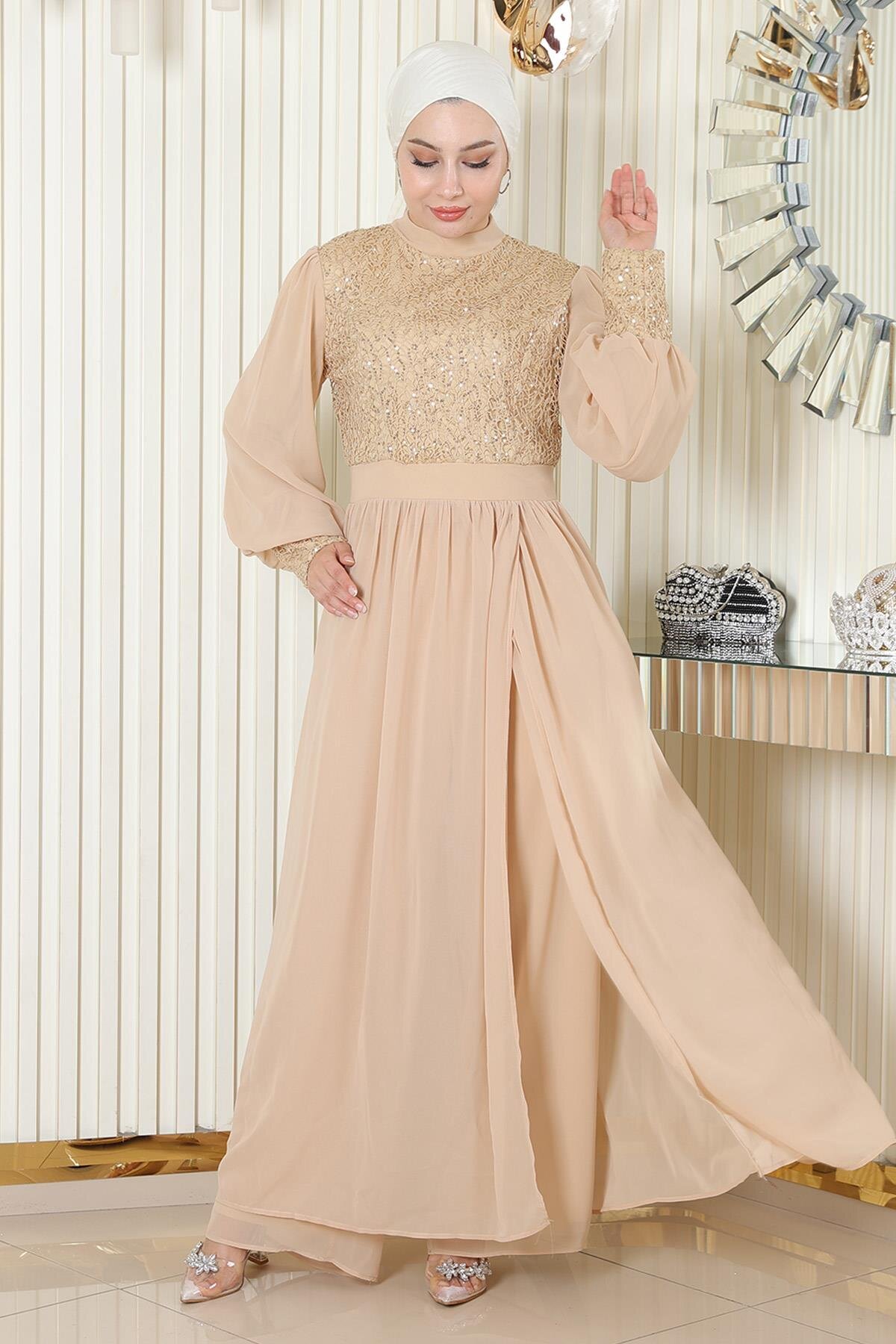 Two-piece Chiffon Sequined Modest Set - Gold - Modamihram