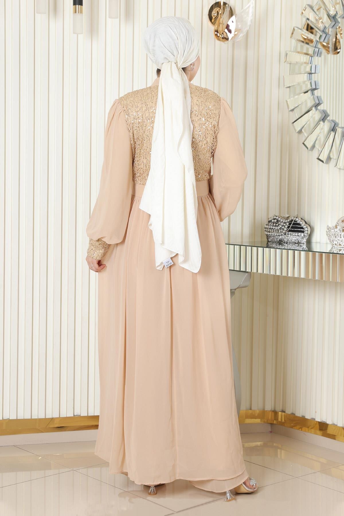 Two-piece Chiffon Sequined Modest Set - Gold - Modamihram