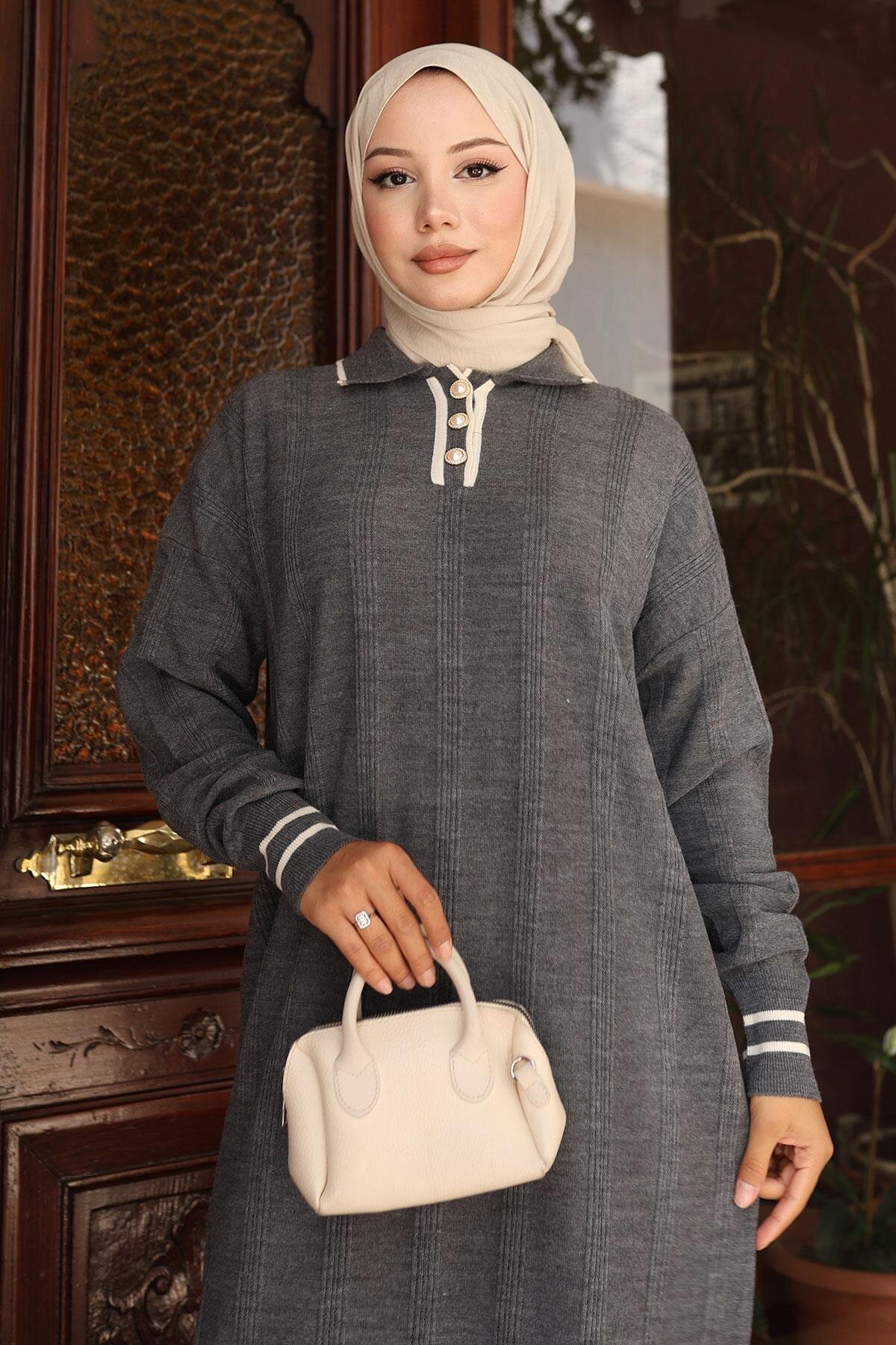 Knit Button-Detail Modest Dress - Grey - Modamihram