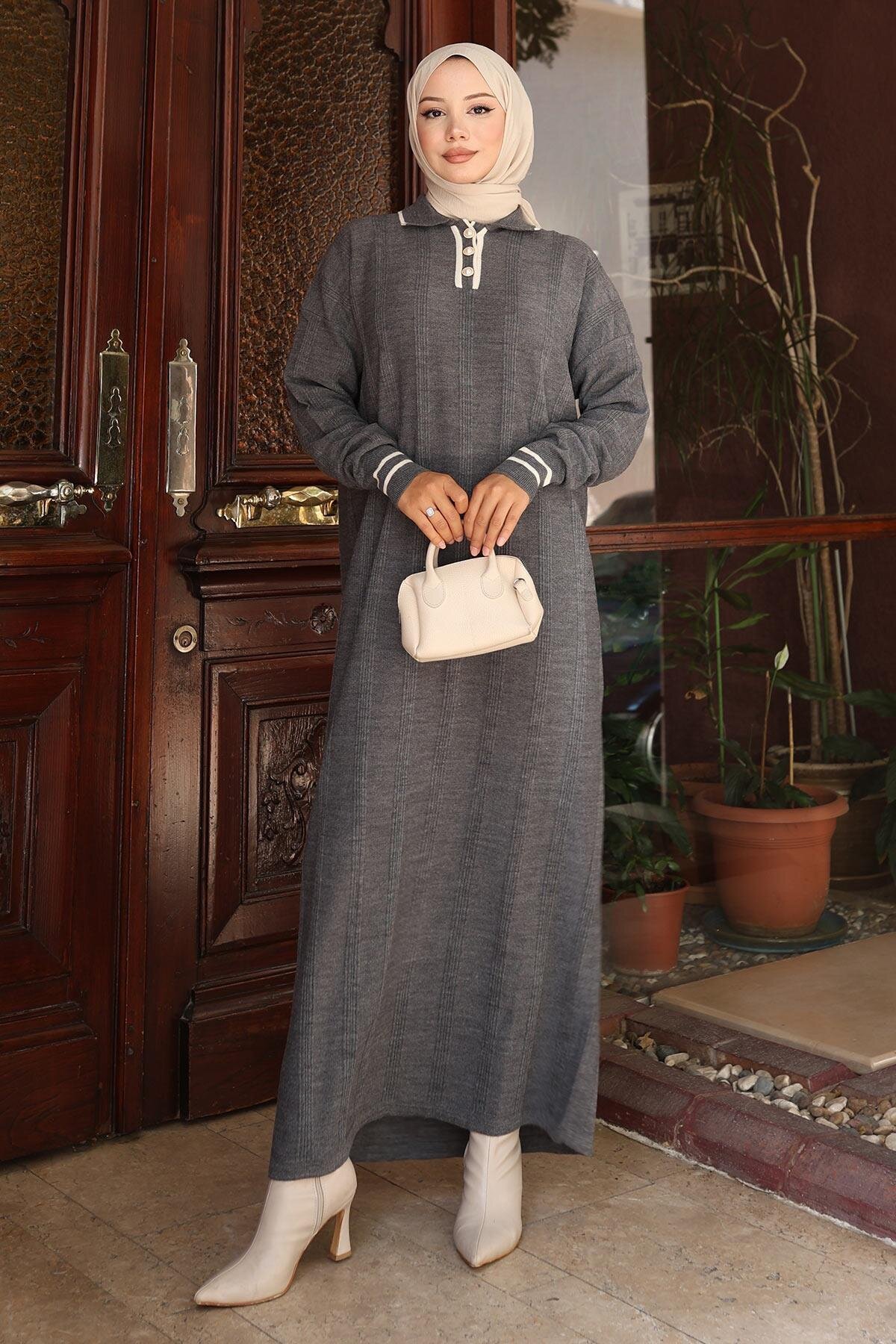 Knit Button-Detail Modest Dress - Grey - Modamihram