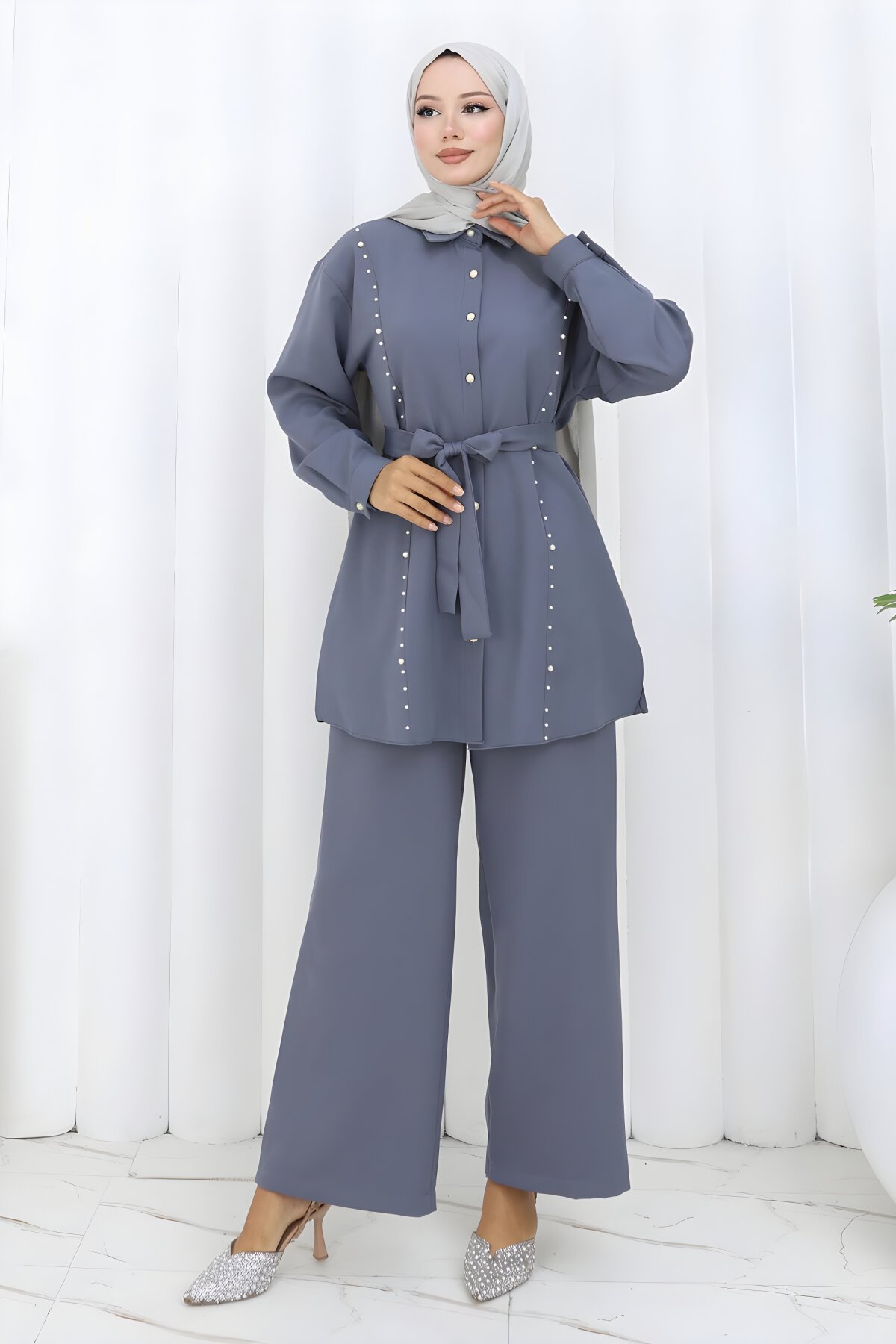 Gri İncili Kuşaklı İkili Takım - Modamihram