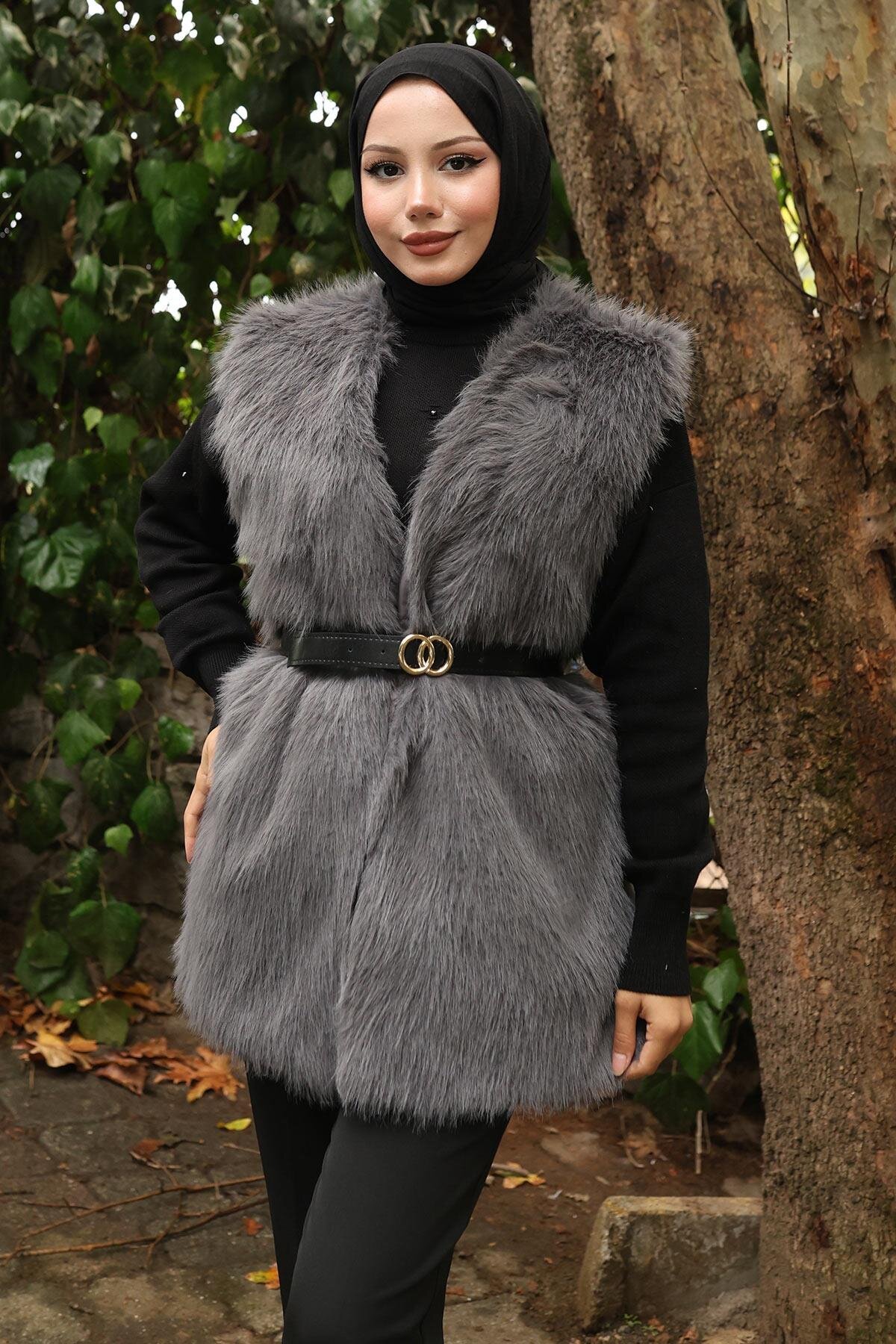 Faux Fur Trimmed Belted Modest Vest - Grey - Modamihram