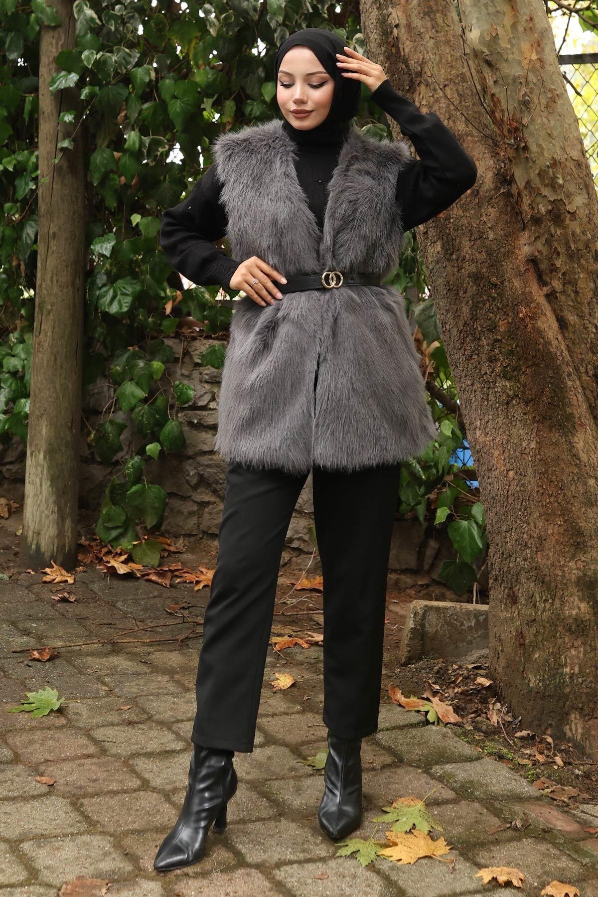 Faux Fur Trimmed Belted Modest Vest - Grey - Modamihram