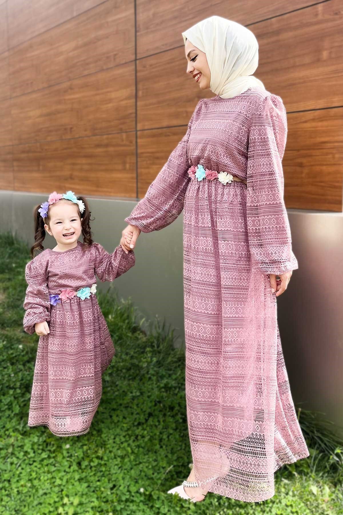 Mother's Style Lace Detailed Modest Dress - Dusty Rose - Modamihram