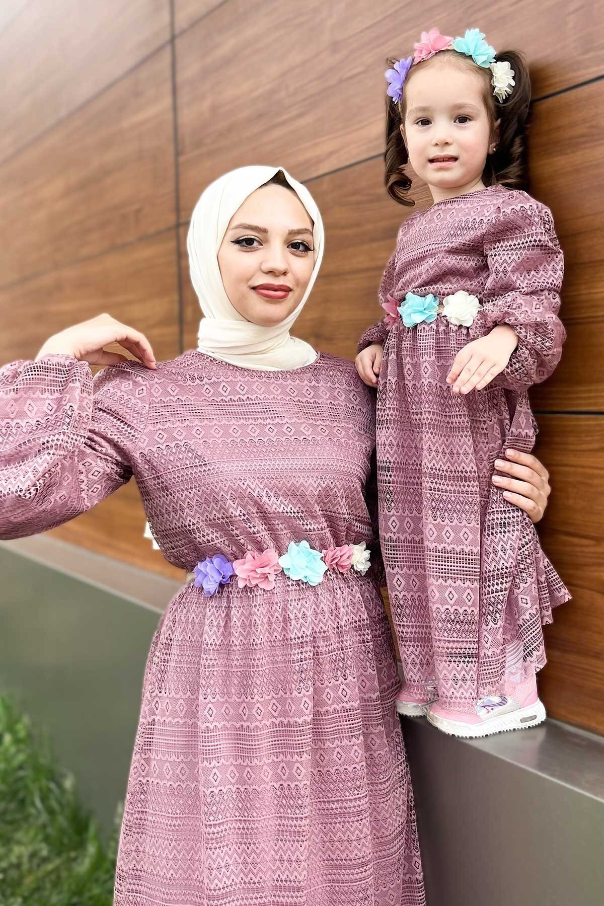 Mother's Style Lace Detailed Modest Dress - Dusty Rose - Modamihram
