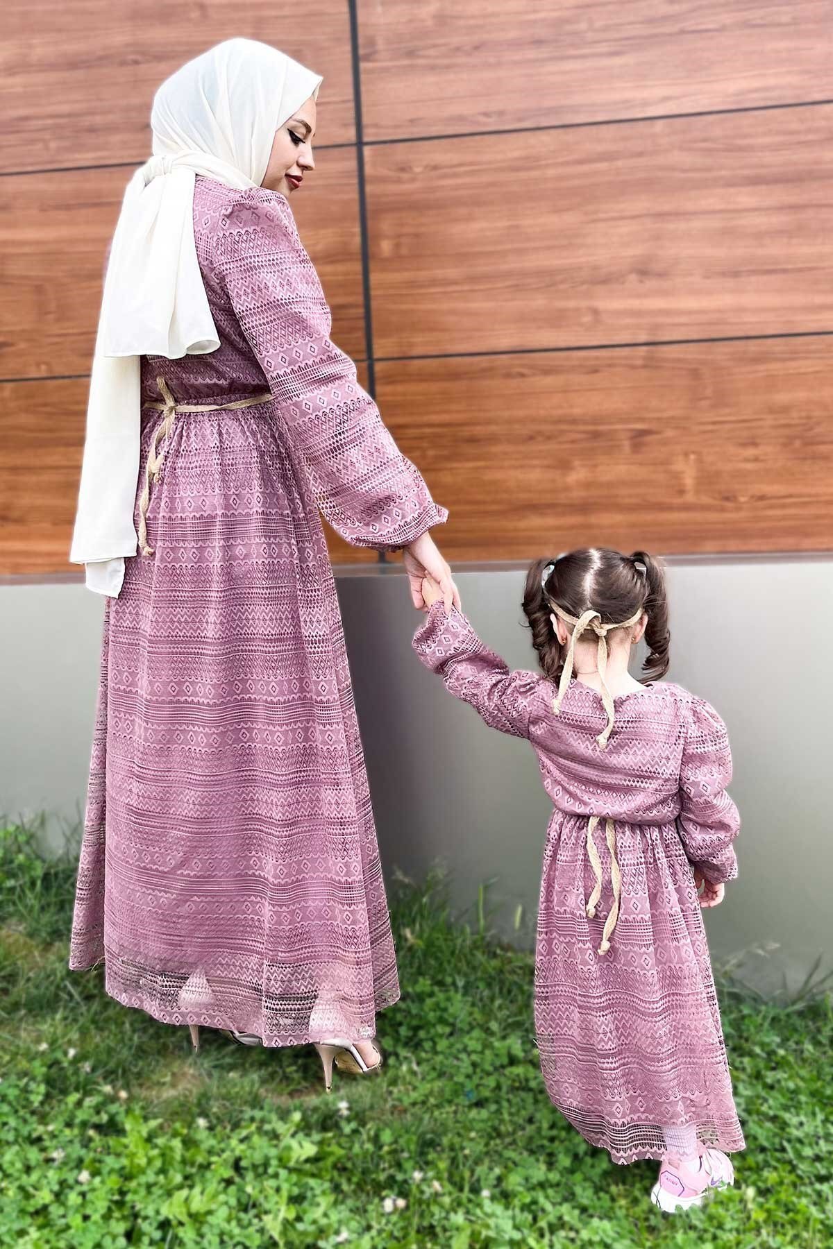 Mother's Style Lace Detailed Modest Dress - Dusty Rose - Modamihram