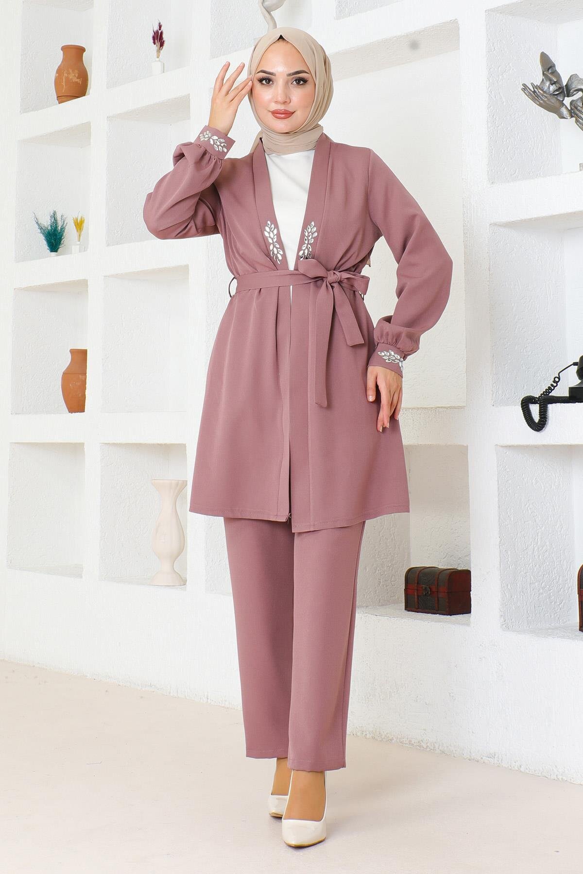 Two-Piece Stone-Detail Modest Set - Dusty Rose - Modamihram