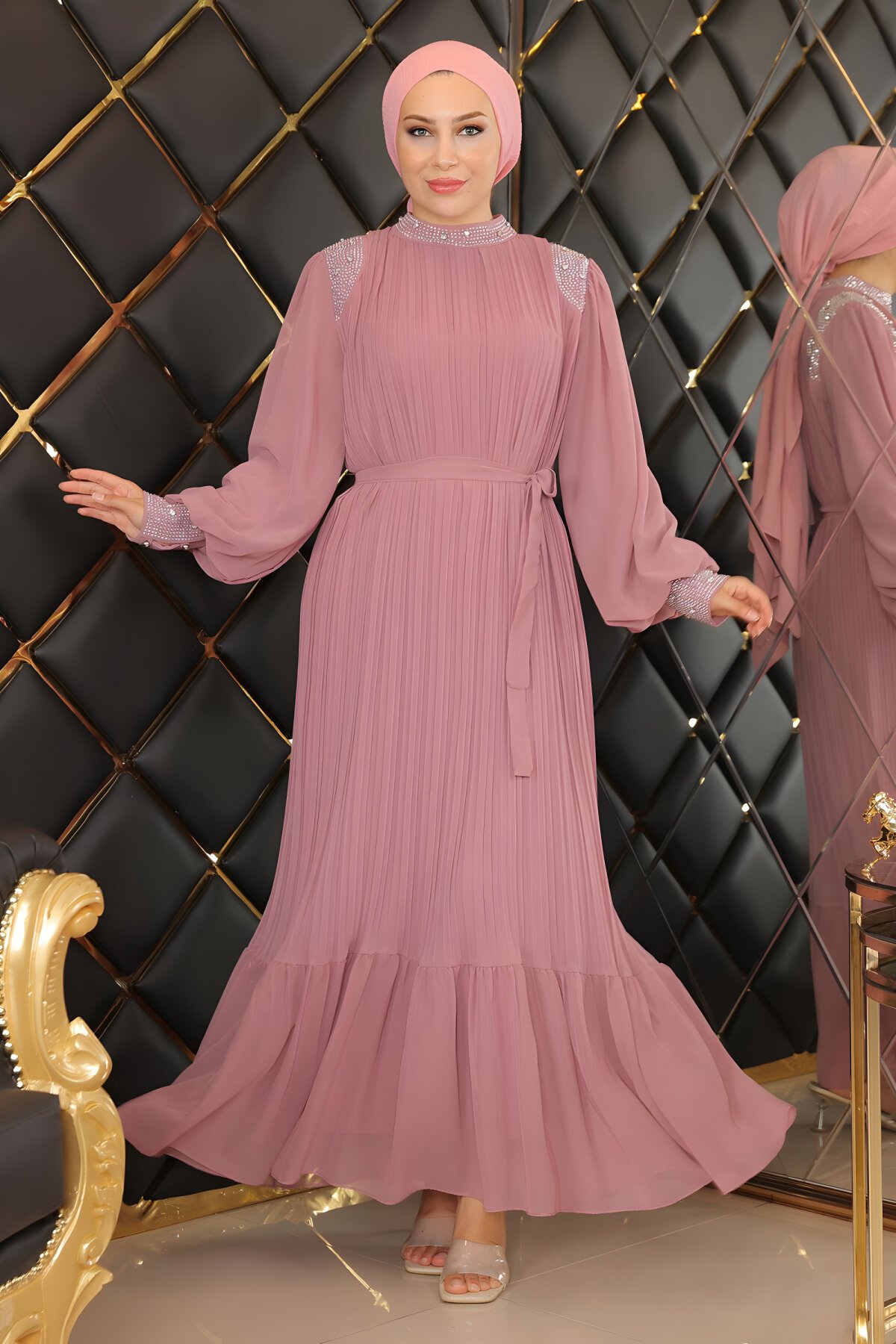 Gül Kurusu Pileli Taşlı Şifon Tesettür Abiye Elbise - Modamihram