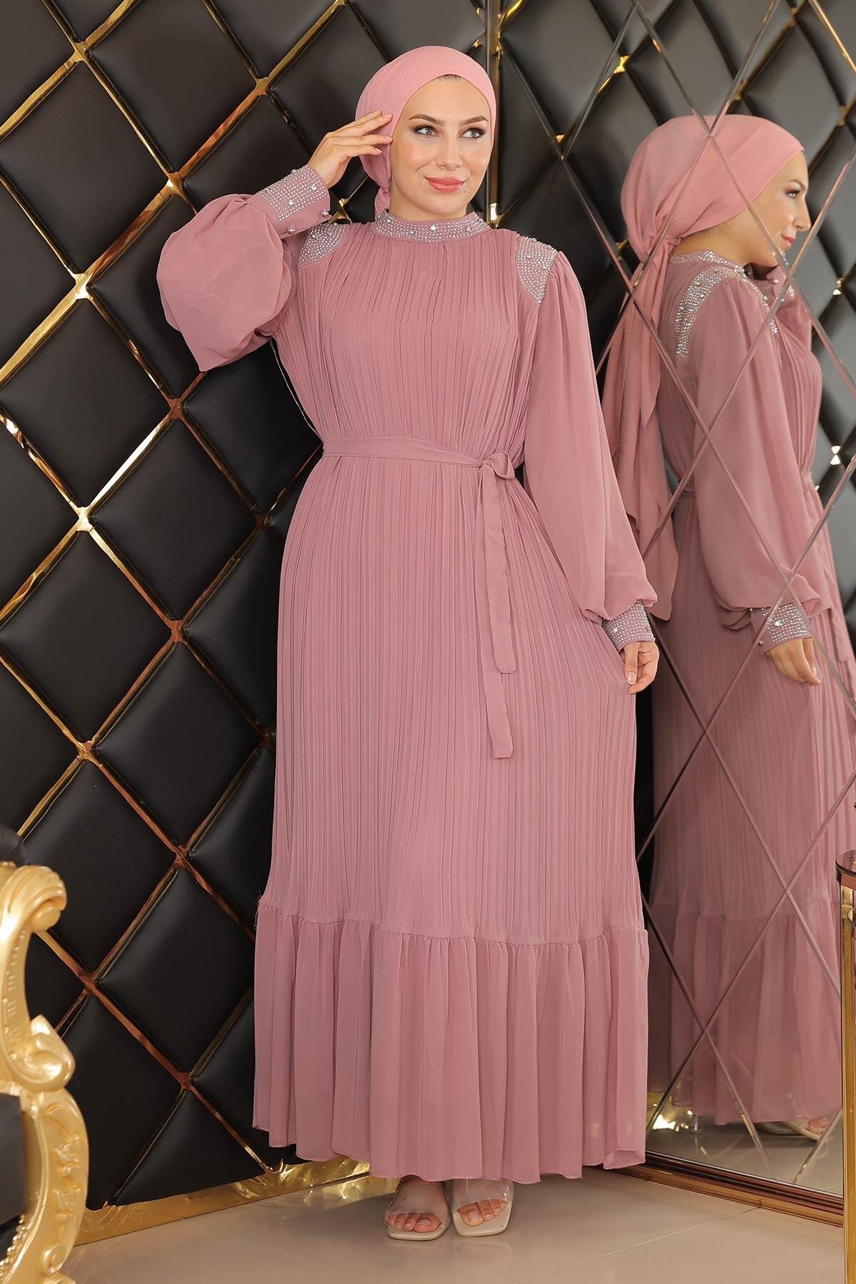Pleated Chiffon Stone Embellished Modest Evening Dress - Dusty Rose - Modamihram