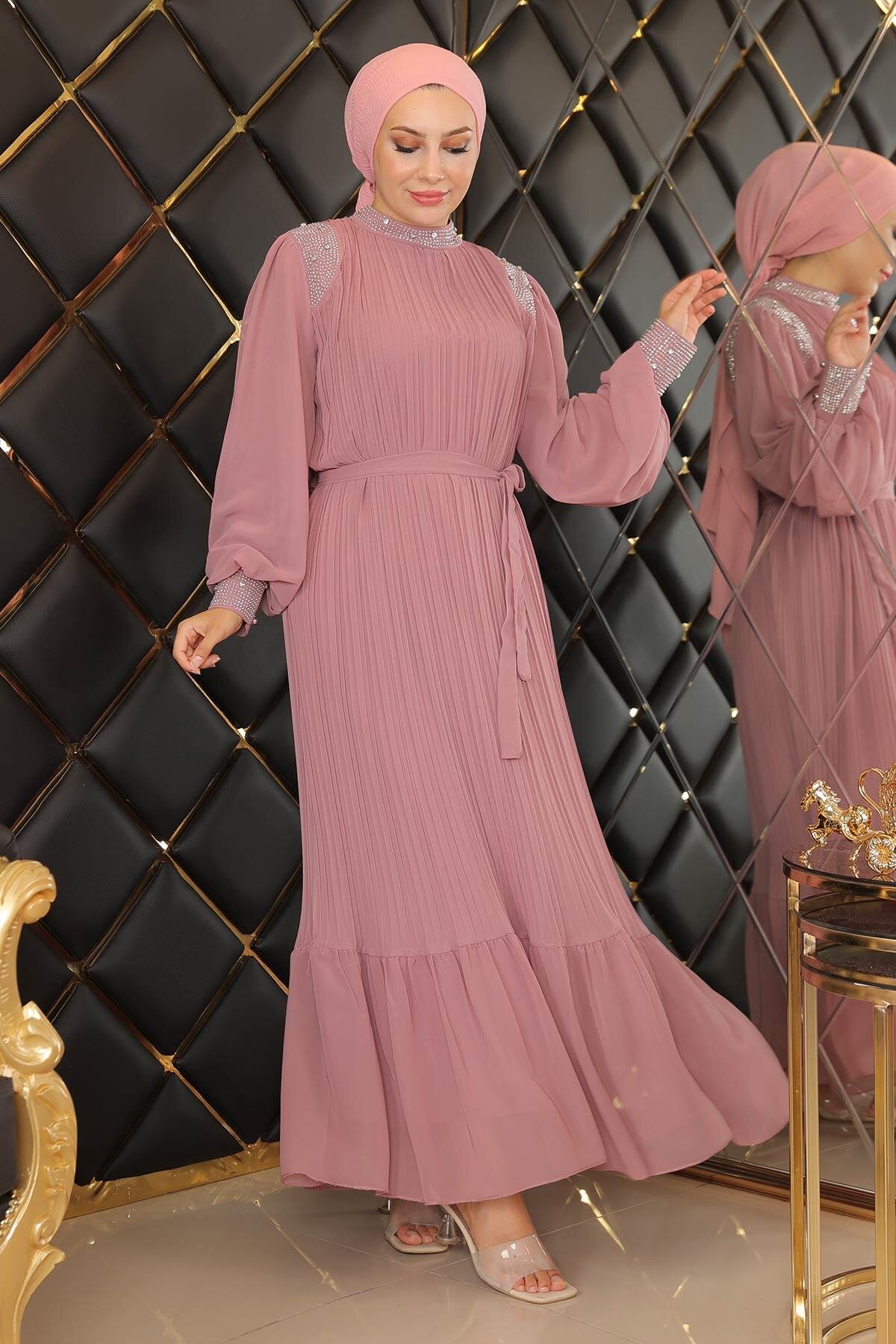 Pleated Chiffon Stone Embellished Modest Evening Dress - Dusty Rose - Modamihram