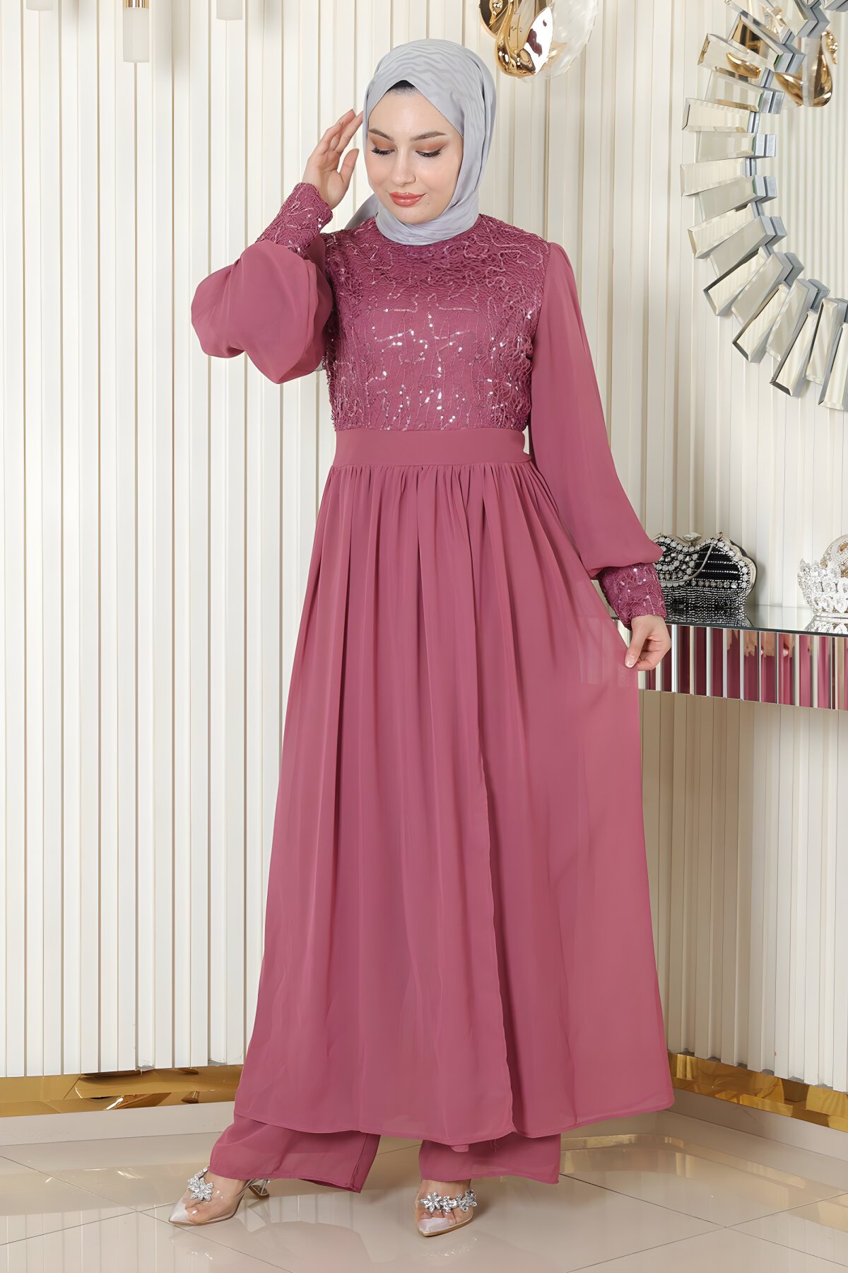 Gül Kurusu Pul Payetli Şifon Tesettür Abiye Elbise - Modamihram